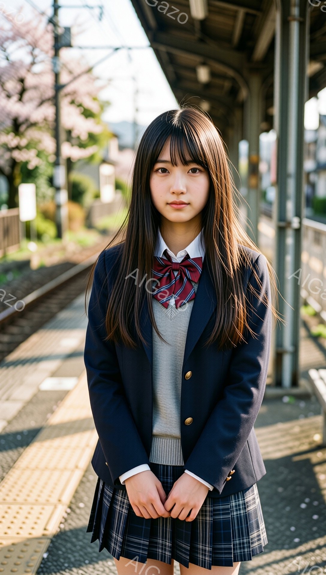 制服姿の女子高生が、踏切のそばに立っている。紺色のブレザーにチェックのスカート、グレーのセーター、そして赤いリボンが特徴的で、長い黒髪はストレートに伸びている。背景には線路と桜並木が見え、春の穏やかな - AI生成フリー素材