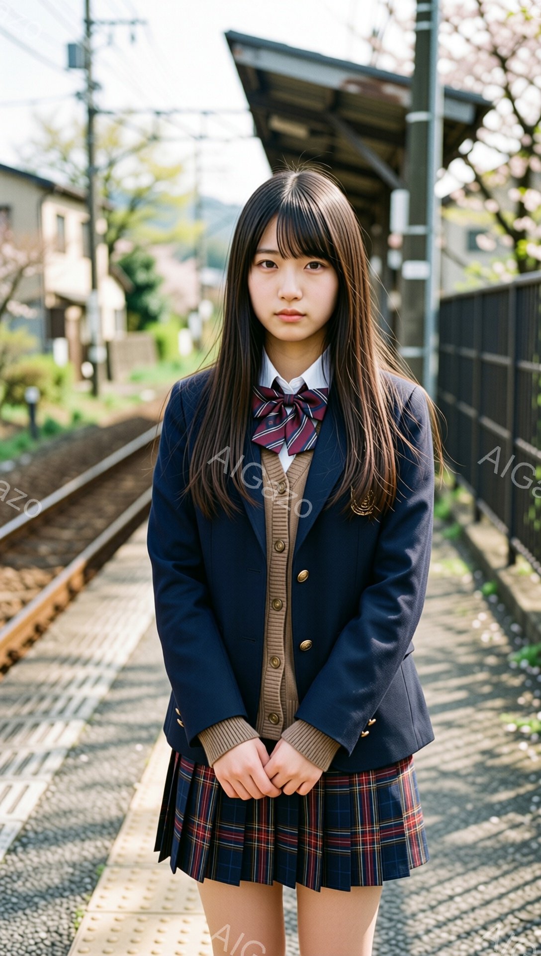 画像は、制服を着た若い女性が鉄道のプラットフォームに立っている様子を捉えています。彼女は紺色のブレザー、チェックのスカート、ネクタイとセーターを着用し、長い黒髪をセンターパートにしています。背景には線 - AI生成フリー素材