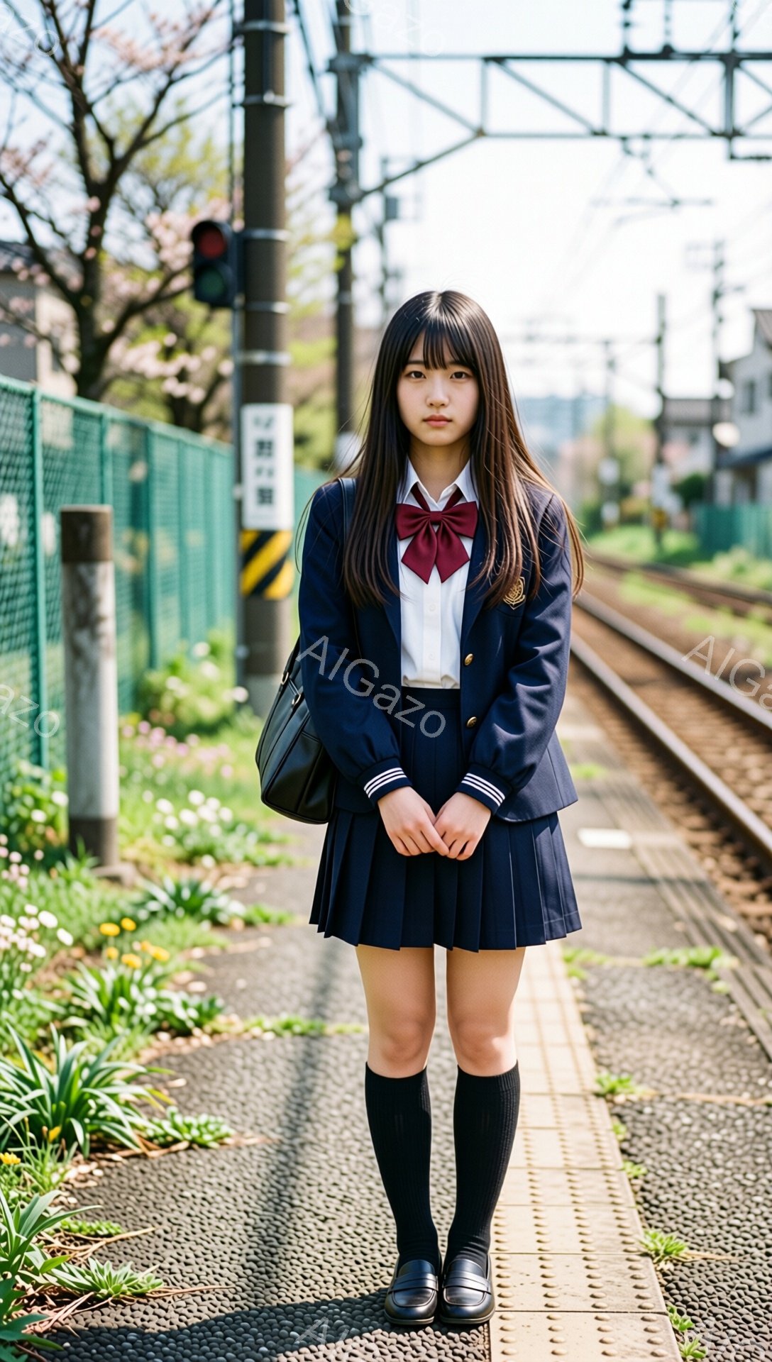 茶髪の長い髪を肩下まで伸ばした女子学生が、紺色のブレザーとプリーツスカートの制服を着て、黒のソックスと革靴を履いている。彼女は少し緊張した表情で、両手を前に組んで、線路脇の歩道に立っている。背景には線路、緑のフェンス、そして春らしい花が咲き乱れる風景が広がり、少し曇り空の下、初々しい雰囲気が漂っている。