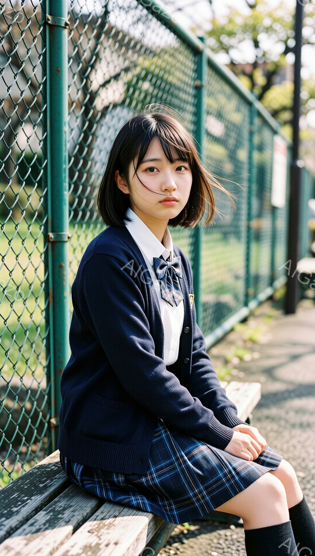 制服姿の若い女性が、公園のベンチに腰掛けています。紺色のカーディガンとチェック柄のスカート、白いシャツにリボンが結ばれており、黒髪のショートボブヘアです。彼女は少し憂いのある表情で、遠くを見つめています。