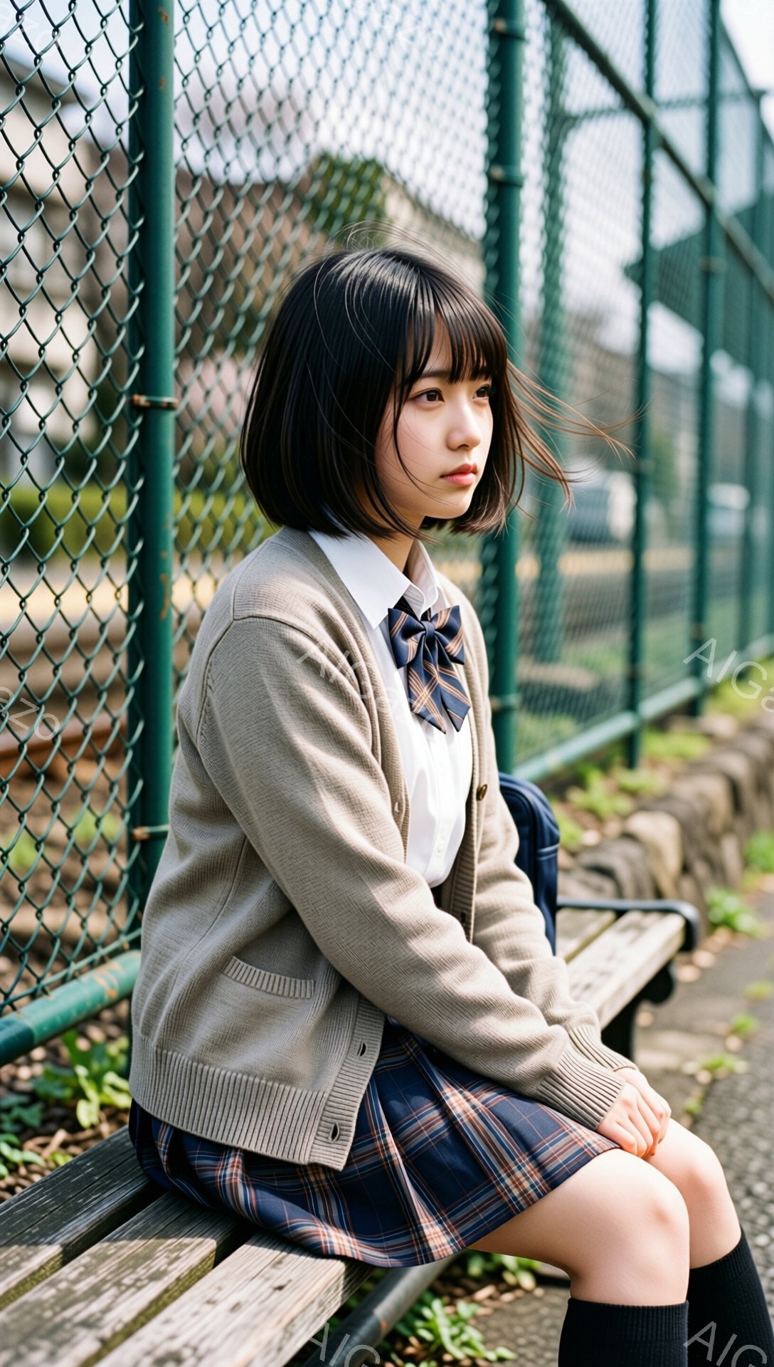 制服姿の女子高生が、古びた木製のベンチに腰掛けている。彼女はベージュのカーディガン、チェック柄のスカート、リボン付きのシャツを着ており、黒いニーハイソックスを履いている。背景にはフェンスと緑豊かな植物が見え、少し物憂げな表情で遠くを見つめている様子から、落ち着いた、どこか寂しげな雰囲気が漂う。