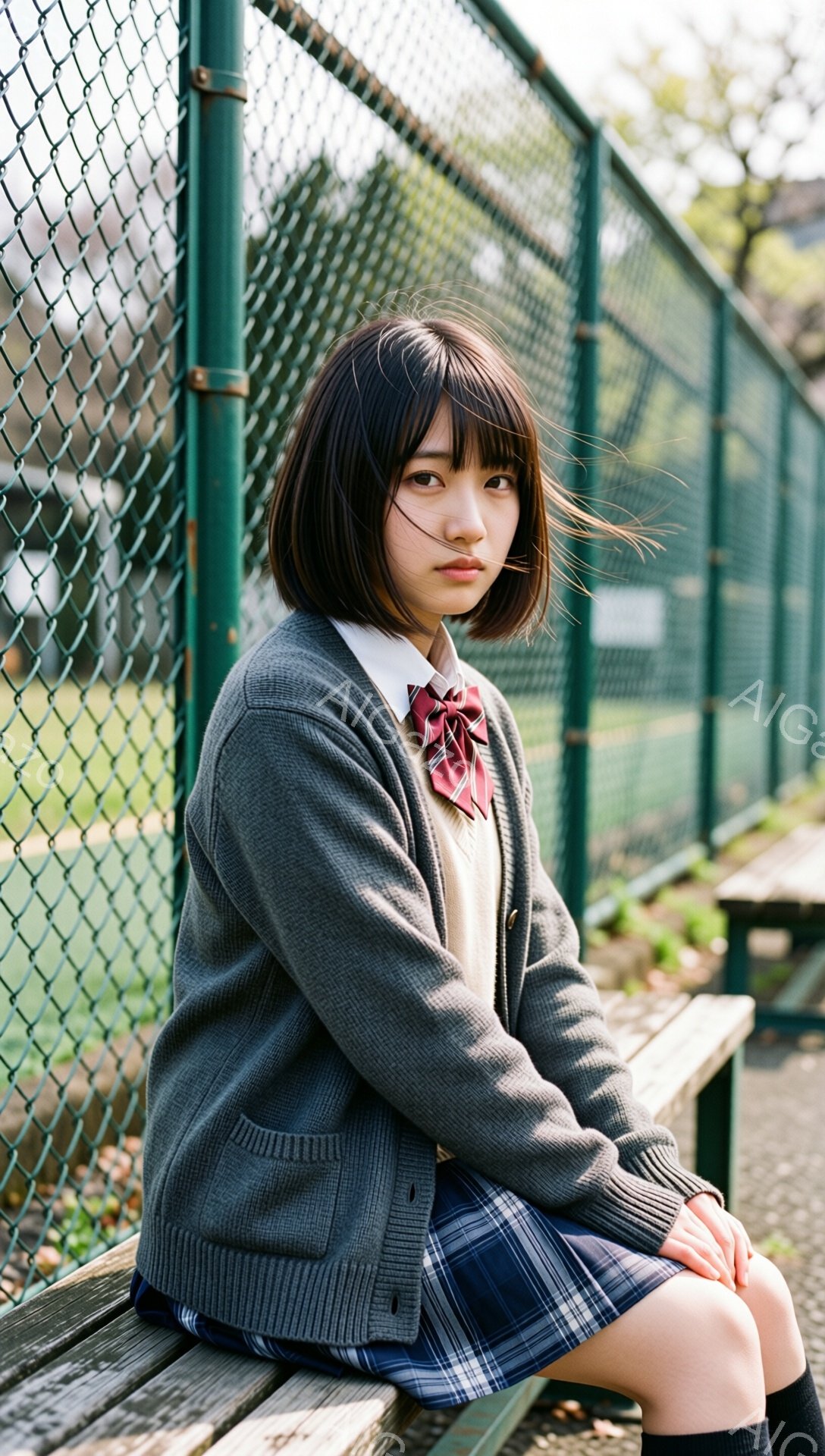 ショートヘアの少女が、グレーのカーディガン、白いシャツ、チェック柄のスカート、黒い靴下を着用して、木製のベンチに座っています。彼女は少し憂いのある表情で、カメラの方を見ています。背景には緑色のフェンスと、ぼやけた緑の風景が広がっており、穏やかな春の日のような雰囲気です。