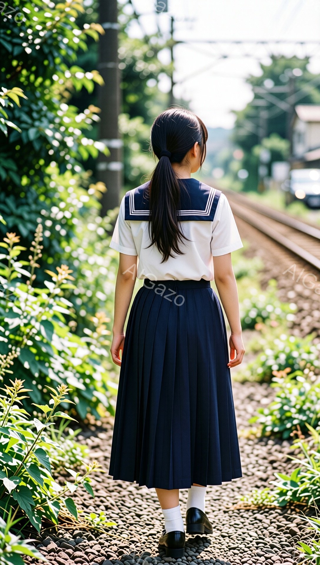 制服を着た少女が、線路沿いの砂利道を歩いている後ろ姿が写っている。紺色のプリーツスカートに白いソックス、黒い靴を履き、長い黒髪を後ろで一つに結んでいる。背景には緑豊かな植物と線路、そして遠くに見える建 - AI生成フリー素材