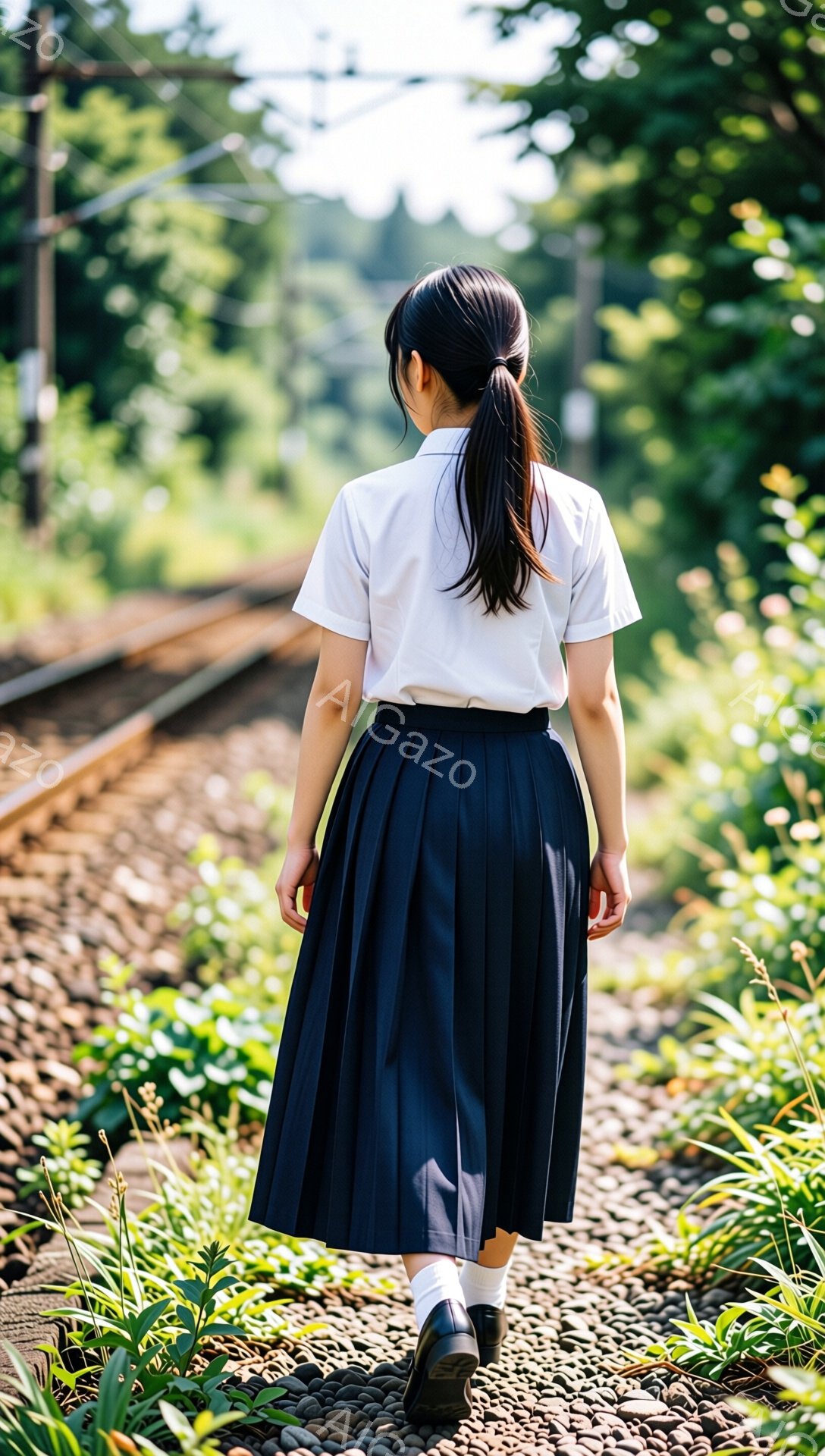 見えるのは、紺色のプリーツスカートと白いブラウスを着た女性の後ろ姿です。髪は後ろで一つに結ばれており、彼女は線路沿いの砂利道の上を歩いているようです。背景には緑豊かな植物とわずかに見える線路、そして穏やかな日差しが差し込む空が広がっています。