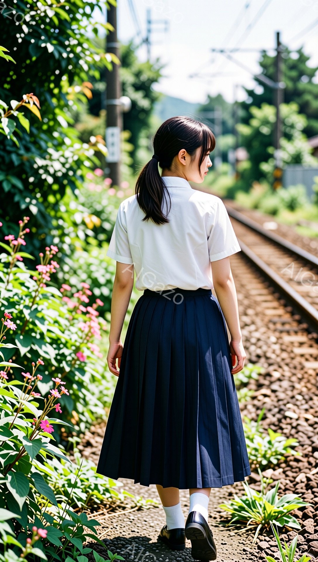 画像は、紺色のプリーツスカートと白いブラウスを着た少女の後ろ姿を捉えています。彼女は黒い靴を履き、髪をポニーテールにまとめています。背景には線路と緑豊かな植物があり、晴れた日の穏やかな雰囲気が漂ってい - AI生成フリー素材
