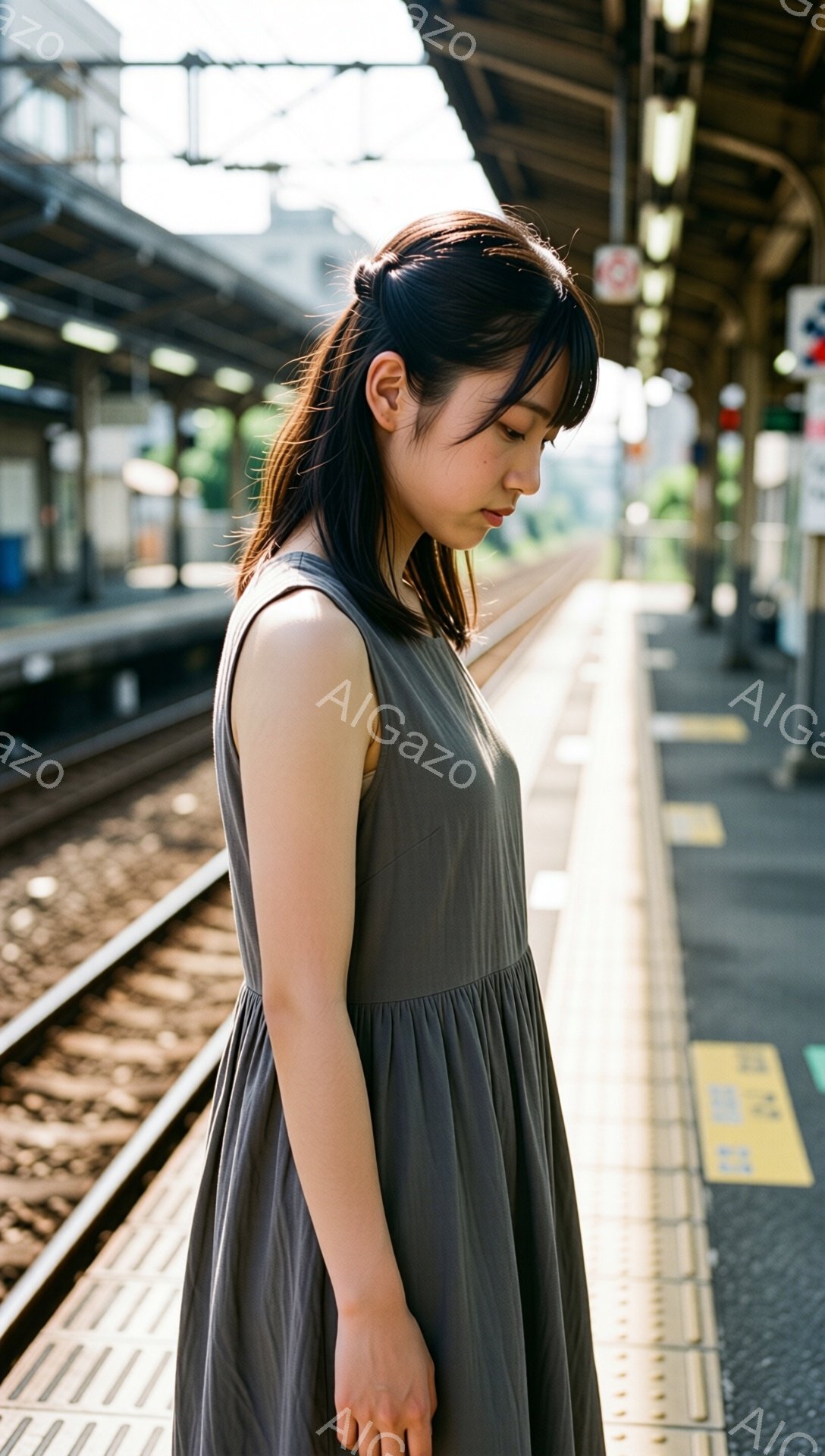 画像には、駅のホームに立つ若い女性が写っています。彼女は灰色のゆったりとしたワンピースを着ており、黒髪は肩にかかる長さで、ややうつむき加減です。背景には線路とホームの黄色い安全線があり、全体的に物憂げ - AI生成フリー素材