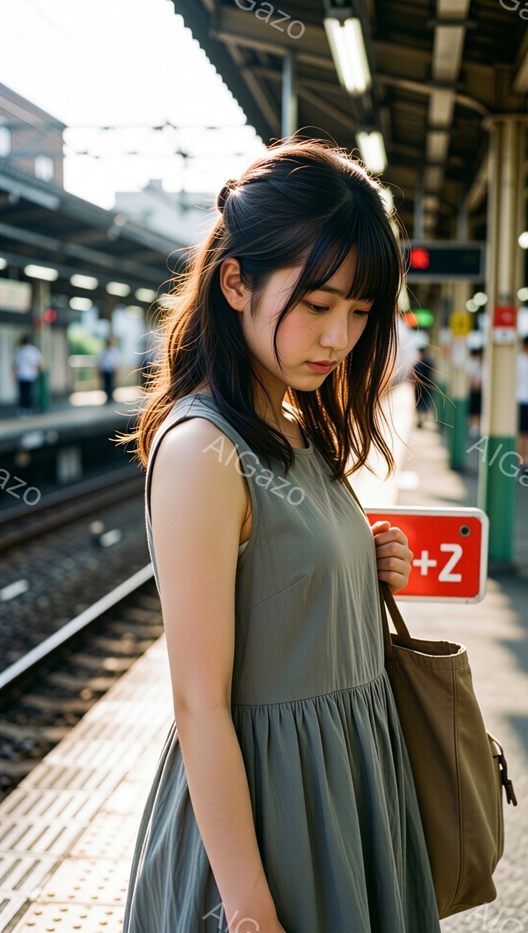 彼女は薄緑色のワンピースを着て、肩から斜めがけにした茶色のバッグを持っています。少しうつむき加減で、長い黒髪が肩にかかっています。背景は鉄道の駅のプラットフォームで、線路と安全柵が見え、やや薄暗い光が差し込んでいます。