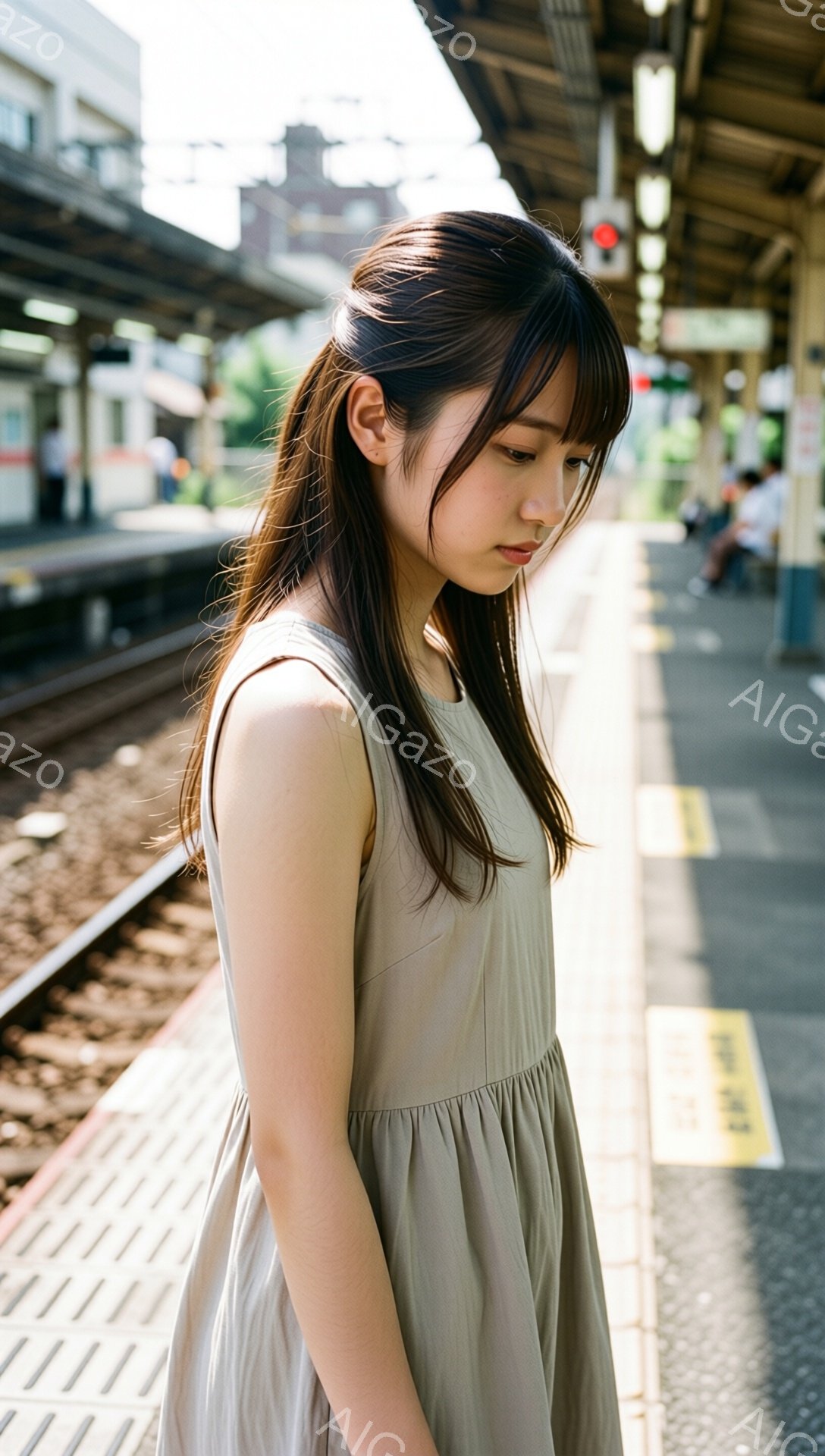 少女は駅のホームに立ち、視線を下げています。ベージュ色のノースリーブワンピースを着ており、ロングヘアは肩にかかっています。背景には線路とプラットフォーム、そしてぼやけた人々が見え、少し憂いを帯びた静かな雰囲気が漂っています。