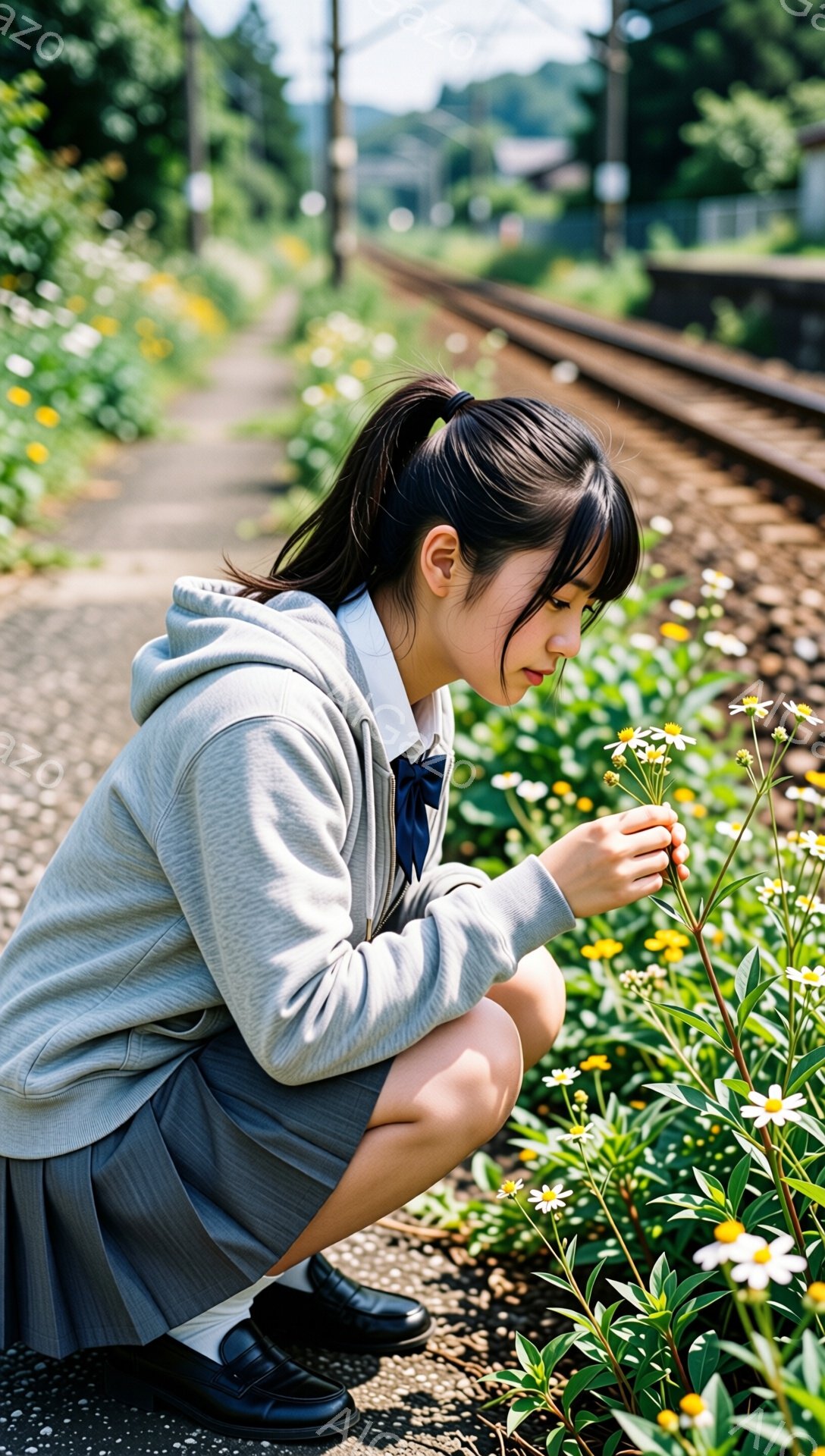 画像には、制服を着た若い女性がひざまずいて野の花を眺めている様子が写っています。彼女は長い黒髪を後ろでまとめており、白のブラウスとグレーのセーター、そしてプリーツスカートを着用しています。背景には線路 - AI生成フリー素材