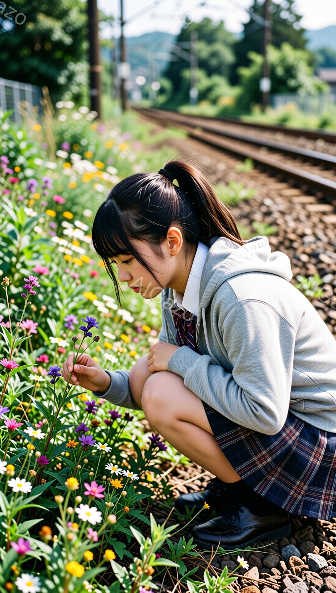 女の子は、線路脇の鮮やかな花畑でしゃがみ、紫色の花を手に持っています。紺色のリボンが付いたチェック柄のスカートとグレーのパーカー、黒い靴を履いており、黒髪をポニーテールにしています。背景には線路と緑豊かな丘が広がり、晴れた日の穏やかな雰囲気が感じられます。