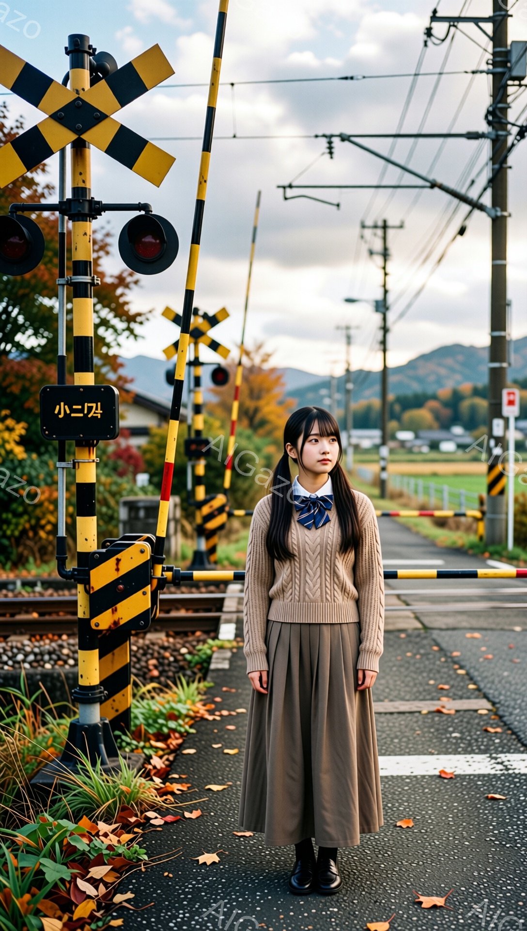 画像には、線路の横に立つ若い女性が写っています。彼女はベージュのセーターとロングスカート、そして黒い靴を身に着け、髪は長くストレートで、前髪が特徴的です。背景には、黄色と黒の警告標識、線路、そして秋色の木々や山々が広がり、少し寂しげな秋の雰囲気を醸し出しています。