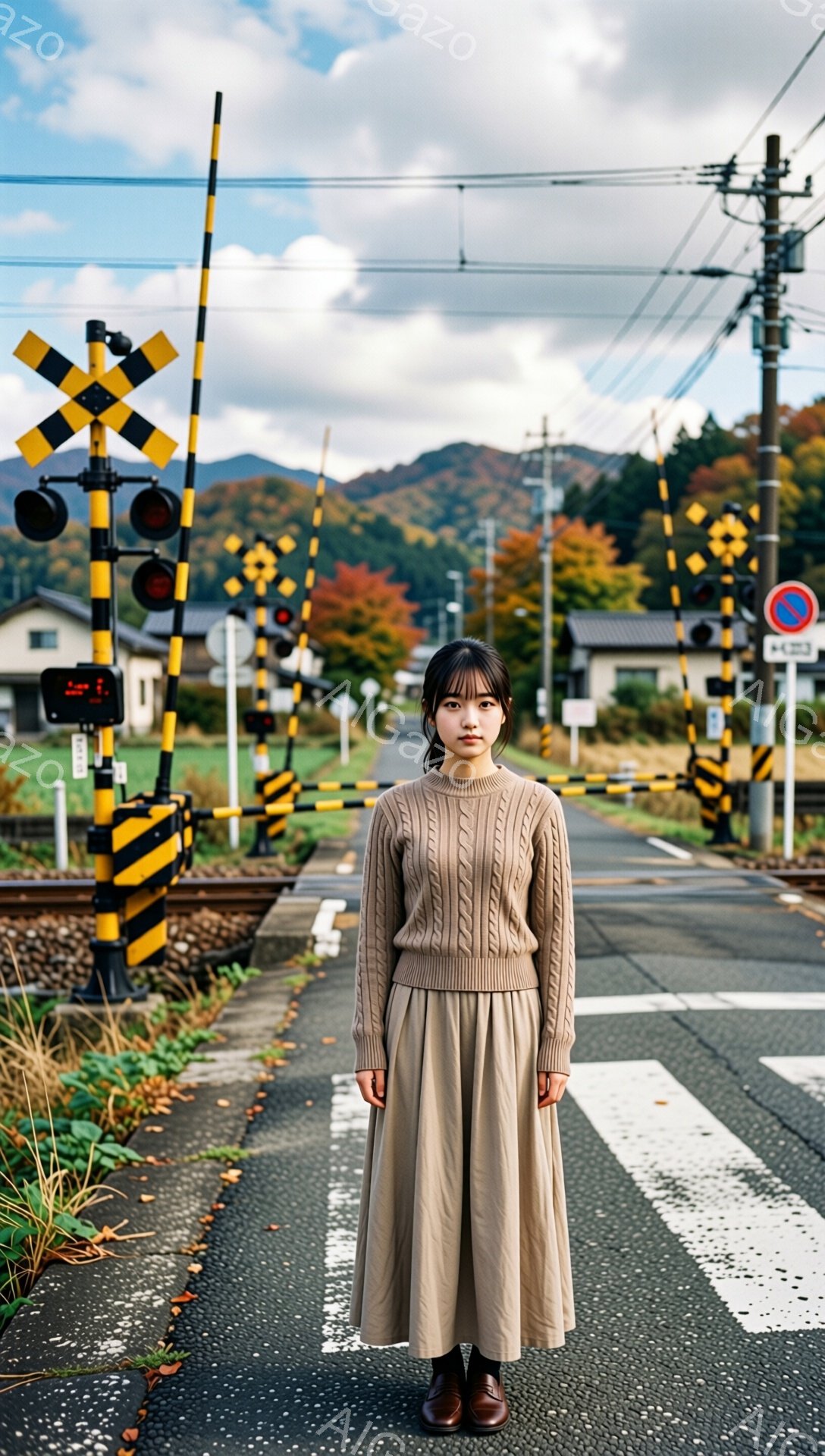 画像には、茶色のニットセーターとロングスカートを着た若い女性が写っています。彼女は正面をまっすぐ見つめ、表情は穏やかで少し物憂げです。背景には、線路、踏切、電柱、そして秋の紅葉の山々が広がっており、少 - AI生成フリー素材