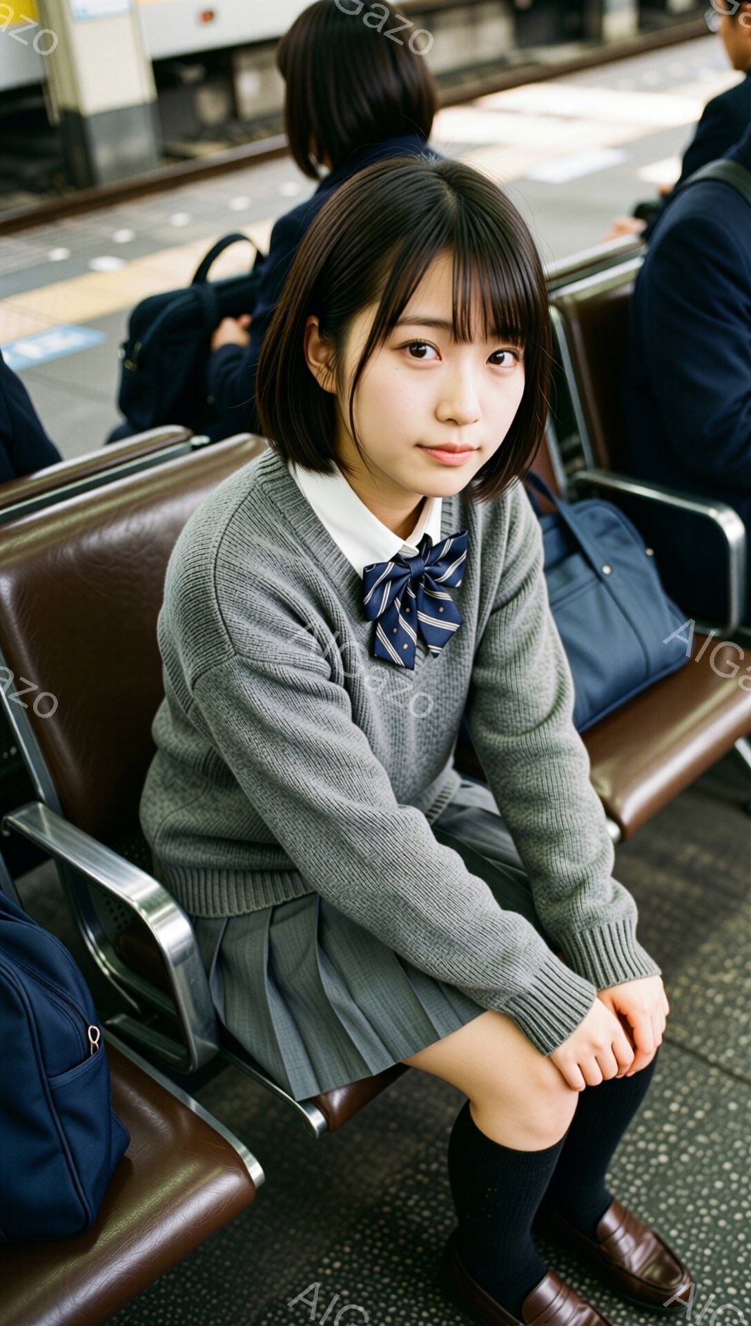 画像は、制服を着た若い女性が、駅の待合室のベンチに座っている様子を捉えています。彼女は灰色のセーター、プリーツスカート、そして青いネクタイと白いシャツを着ており、黒い靴下と靴を履いています。彼女はカメ - AI生成フリー素材