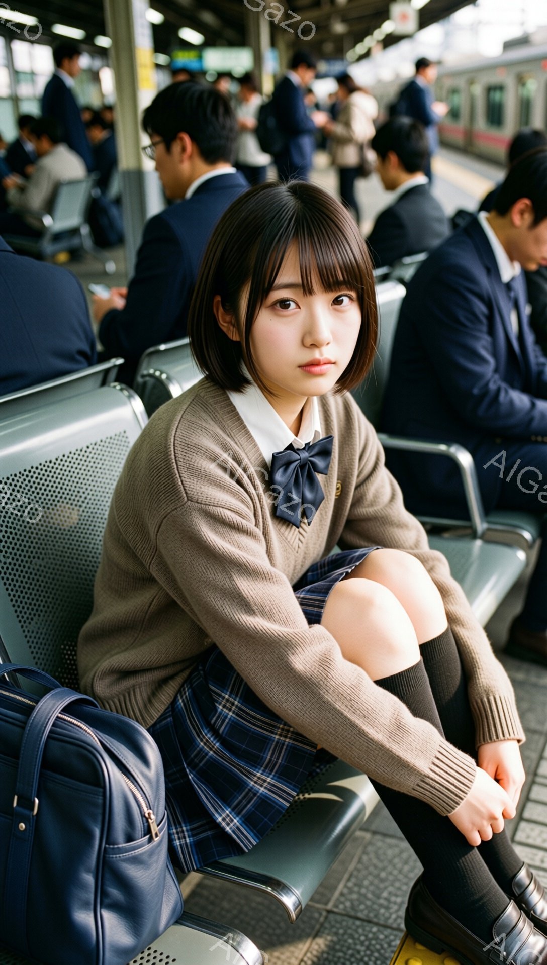 画像には、制服を着た若い女性が駅の待合室に座っている様子が写っています。彼女はベージュのカーディガン、チェック柄のスカート、濃い色の靴下と革靴を着用し、黒髪のボブヘアに整えられています。やや不安げな表情で、膝を揃えて座り、横に置かれた紺色のリュックサックが目に入ります。