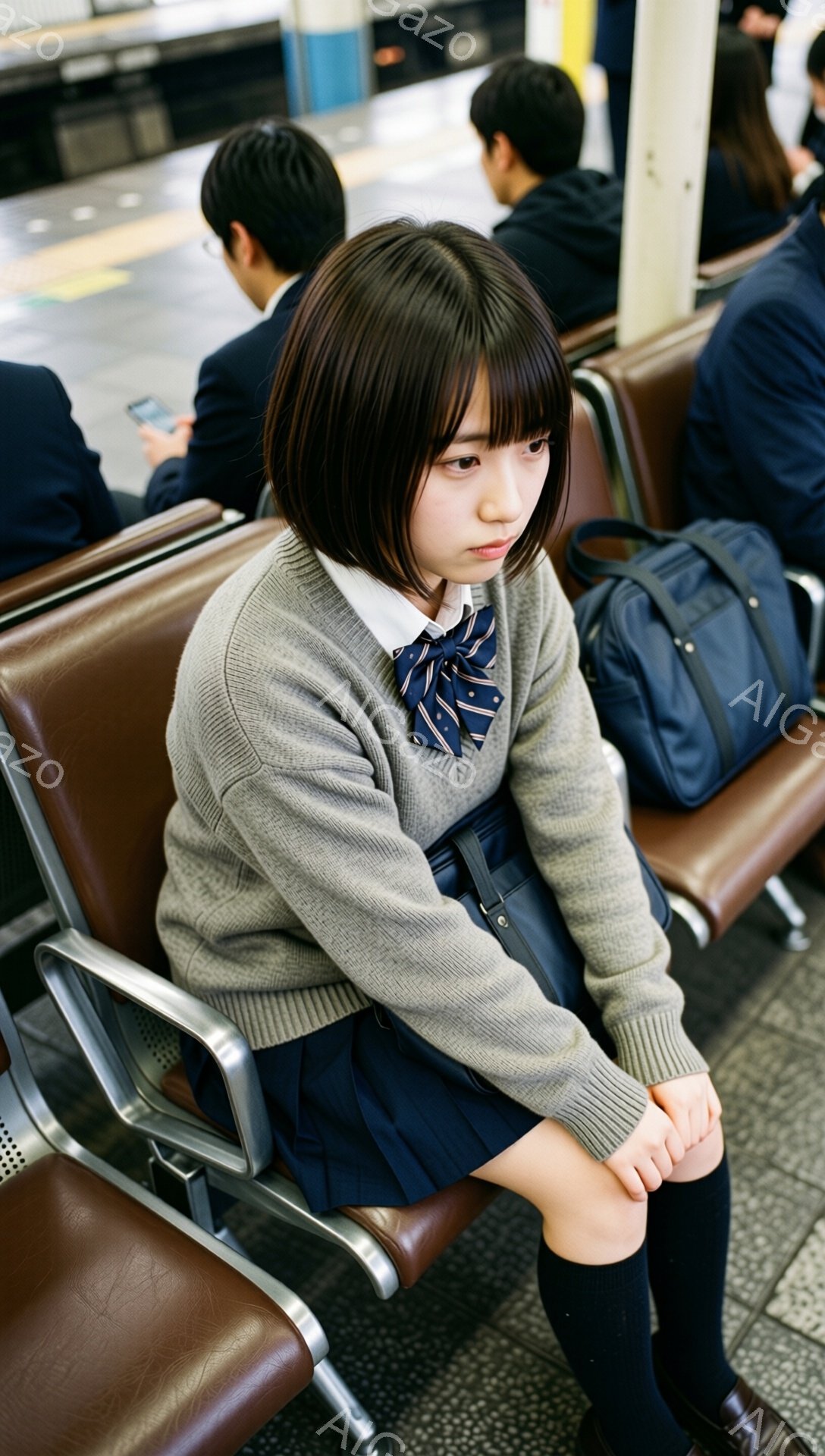 画像は、制服を着た若い女性が駅のベンチに座っている様子を捉えています。彼女は短い前髪とサイドにカールした髪型をしており、やや憂鬱そうな表情を浮かべています。背景には他の制服姿の生徒と、駅のグレーの床と - AI生成フリー素材