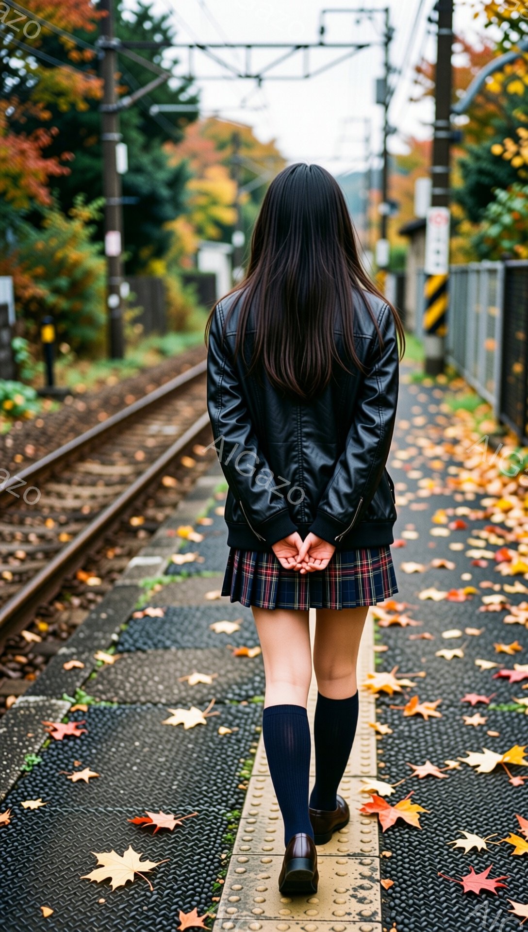 長い黒髪を後ろでまとめ、黒のレザージャケットとチェック柄のスカート、紺色のソックスに黒の靴を履いた女性が、線路沿いの歩道に立っている。彼女は両手を後ろで組み、少しうつむき加減で、秋の落ち葉が散らばる道を歩いている。背景には線路、木々、そして曇り空が広がっており、どこか寂しげで物憂げな雰囲気が漂っている。