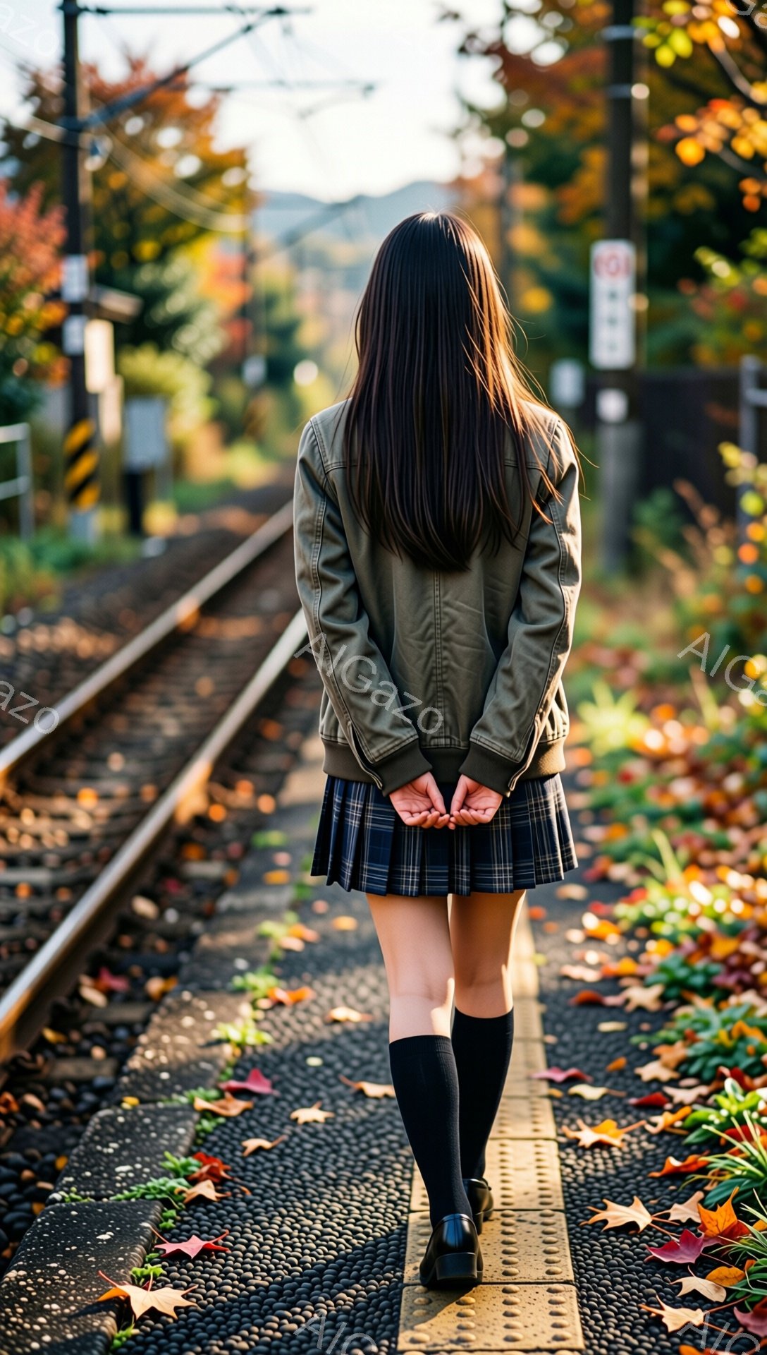 後ろ姿の女性が、線路沿いの敷石の上を歩いています。緑色のジャケットとチェック柄のスカート、黒いソックスと靴を履き、秋の落ち葉が敷かれた道と背景の紅葉が季節感を醸し出しています。空は晴れていて、背景には木々や電柱が見え、どこか寂しげな雰囲気です。