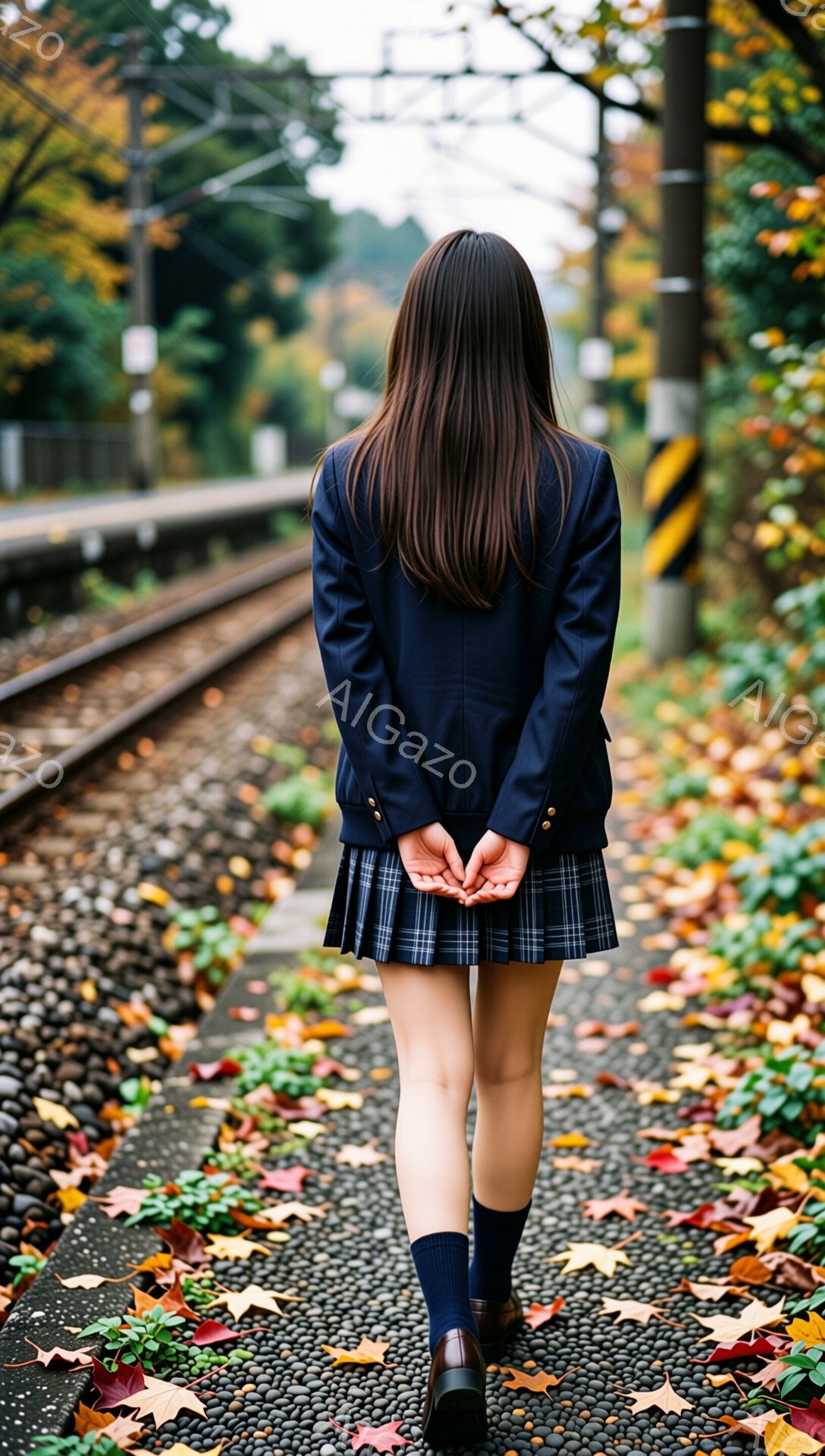少女は制服を着て、背中を向けて線路沿いの道を進んでいます。彼女は黒髪で、紺色のブレザーとチェック柄のスカート、黒い靴下と靴を履いています。背景には線路と秋の紅葉が広がり、寂しげでノスタルジックな雰囲気を醸し出しています。