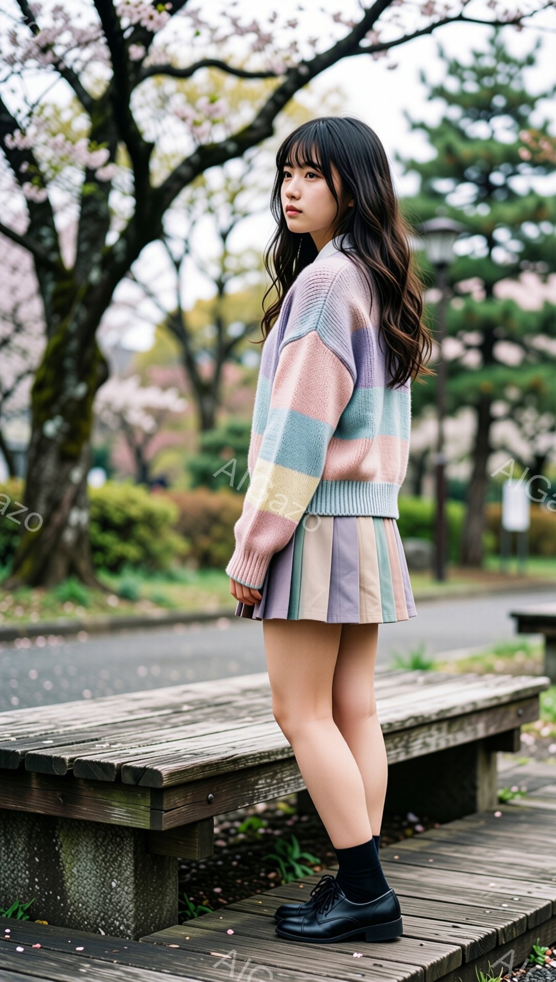 若い女性が桜並木の近くの木製ベンチに立っている。パステルカラーのボーダーセーターとプリーツスカート、黒い靴下と靴を履いている。彼女は横を向いており、落ち着いた表情で、背景には桜の花びらが舞う春の風景が広がっている。