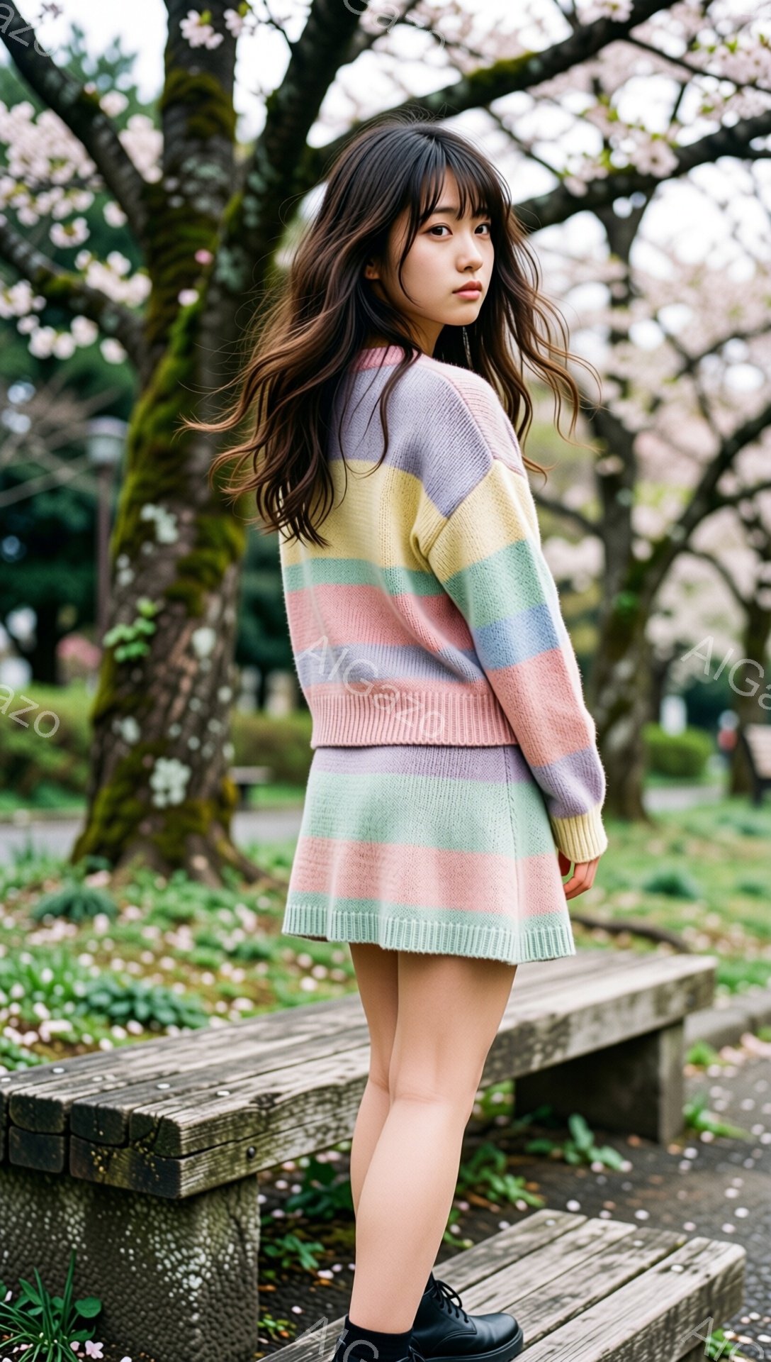 若い女性が、パステルカラーのストライプのセーターとスカートを身につけ、黒いブーツを履いて、公園の木製のベンチの上に立っている。彼女は肩までの長さの黒髪で、後ろを向いており、少し憂いを帯びた表情をしてい - AI生成フリー素材