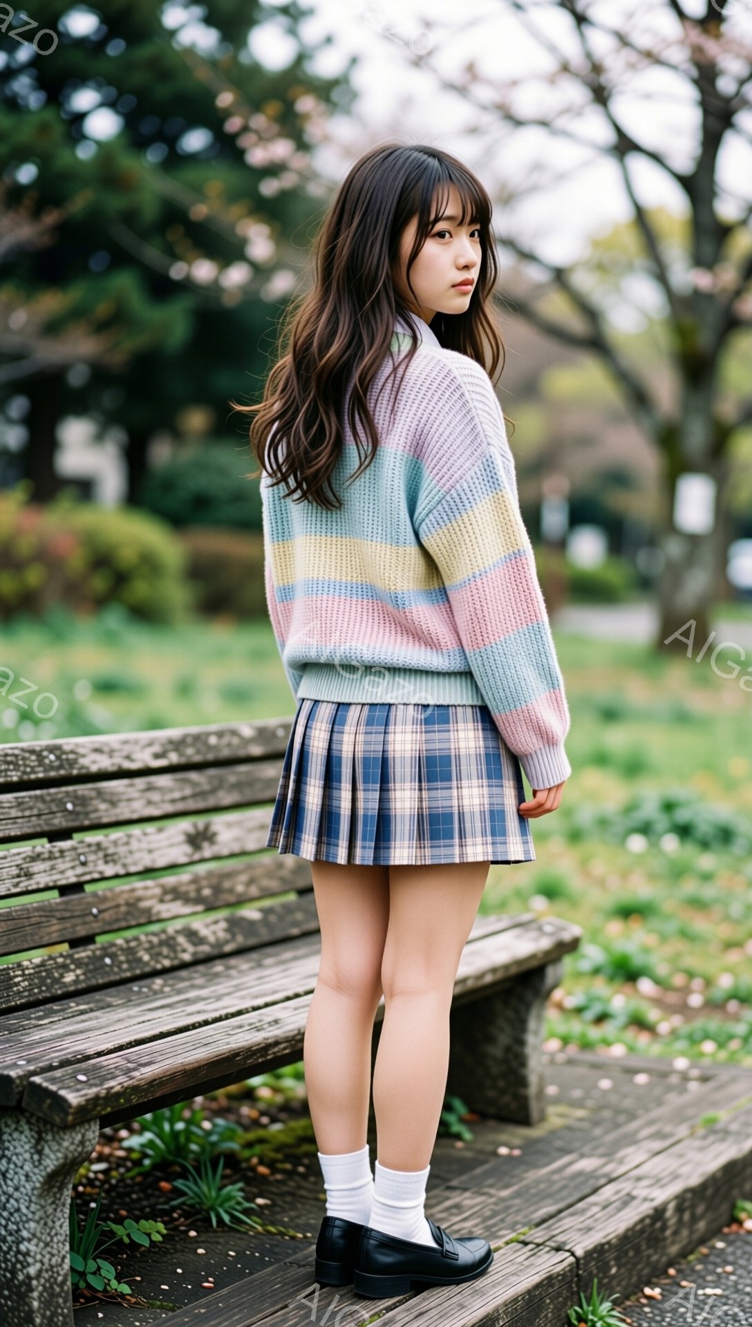 明るいパステルカラーのセーターとチェック柄のプリーツスカートを身につけた若い女性が、木製のベンチに半身を預けて立っている。彼女は黒いローファーを履き、白い靴下を合わせている。背景には緑豊かな自然と、ぼやけた建物が見え、春の穏やかな一日を思わせる。