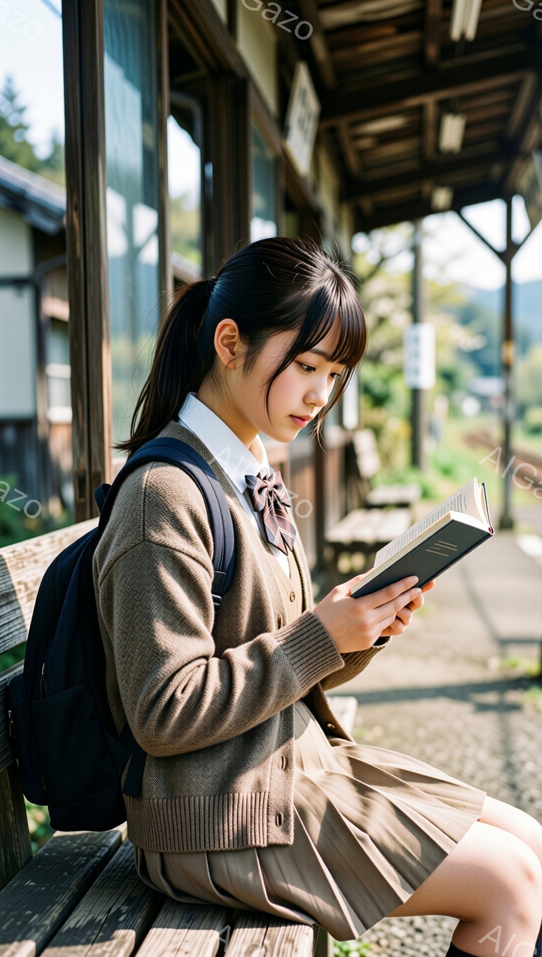 茶色の制服を着た女子高生が、木製のベンチに座って本を読んでいます。彼女はロングヘアをポニーテールにし、少し眉間にしわを寄せながら真剣な表情で読書に集中しています。背景には木製の駅舎と緑豊かな自然が広がり、穏やかで静かな雰囲気が漂っています。