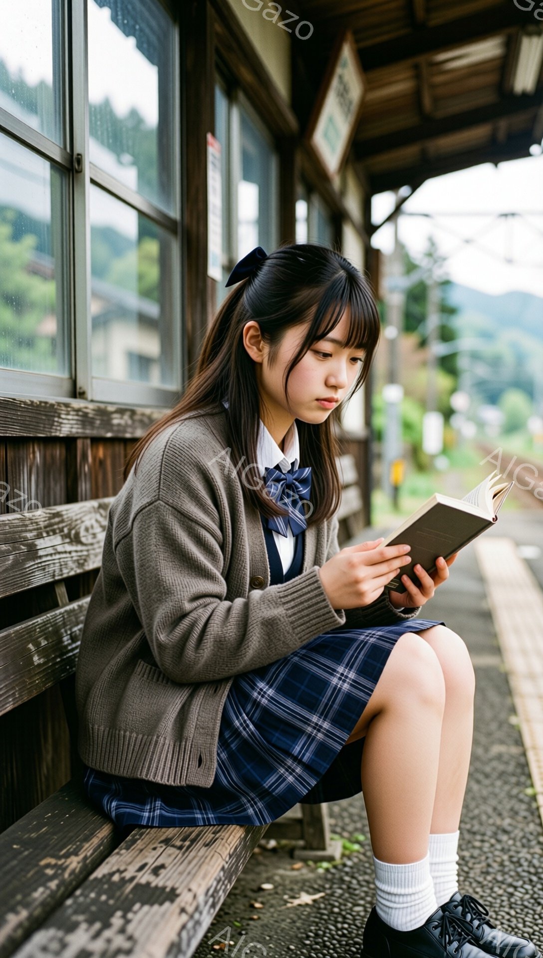 茶色のカーディガン、チェック柄のスカート、白いシャツにネクタイを締めた女子高生が、木製のベンチに座って本を読んでいる。彼女は黒髪で、前髪は少し長め、表情は真剣で集中している。背景には、緑豊かな山々と古びた駅舎が見え、天候は曇りまたは雨上がりのようで、少ししっとりとした静かな雰囲気が漂っている。