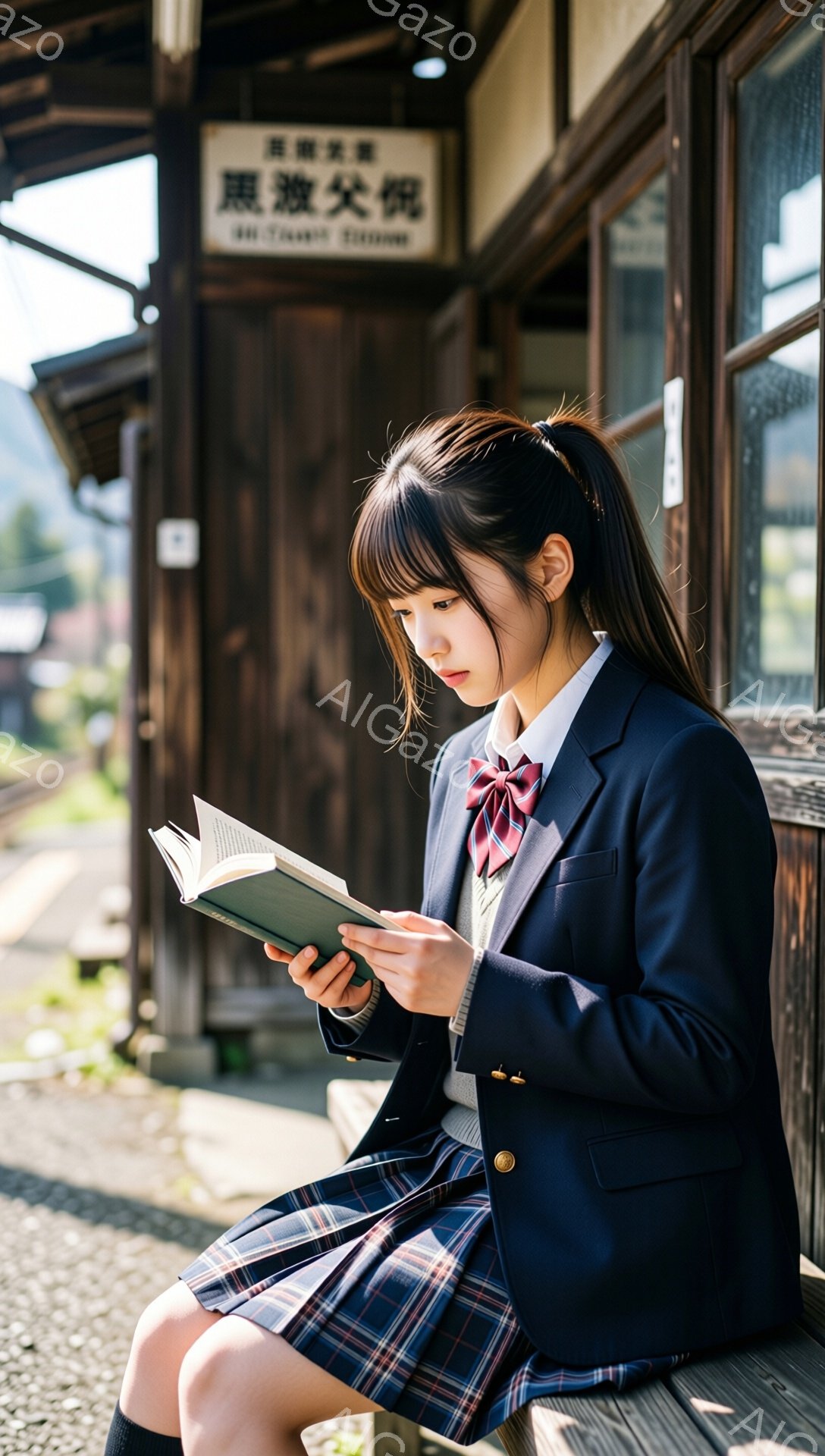 制服を着た女子高生が、木製のベンチに座って本を読んでいる。紺色のブレザーとチェック柄のスカート、リボンタイを身につけ、前髪を分けて三つ編みヘアにしている。背景には古い駅舎と、緑豊かな自然が見え、穏やかで文学的な雰囲気が漂っている。