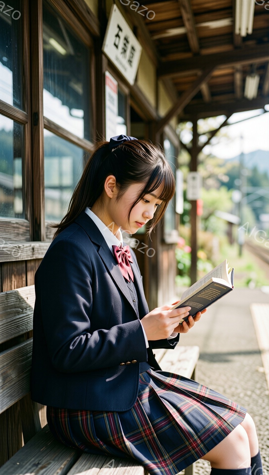 画像には、制服を着た女子高生が駅のベンチに座って本を読んでいる様子が写っています。彼女は紺色のブレザー、チェック柄のスカート、リボン付きのシャツを着ており、髪は後ろでまとめています。背景には木製の駅舎と緑豊かな自然が広がり、晴天の穏やかな雰囲気が漂っています。
