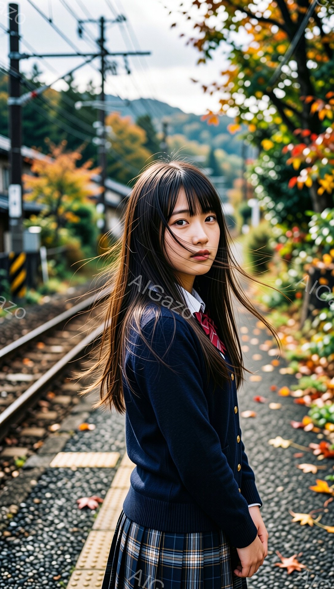 画像には、制服を着た若い女性が写っています。彼女は紺色のブレザーにチェック柄のスカート、赤いネクタイを着用し、長い髪を耳にかけるように流しています。背景には、線路と紅葉した木々が広がり、少し憂いのある表情でこちらを見つめており、秋の寂しげな雰囲気を醸し出しています。