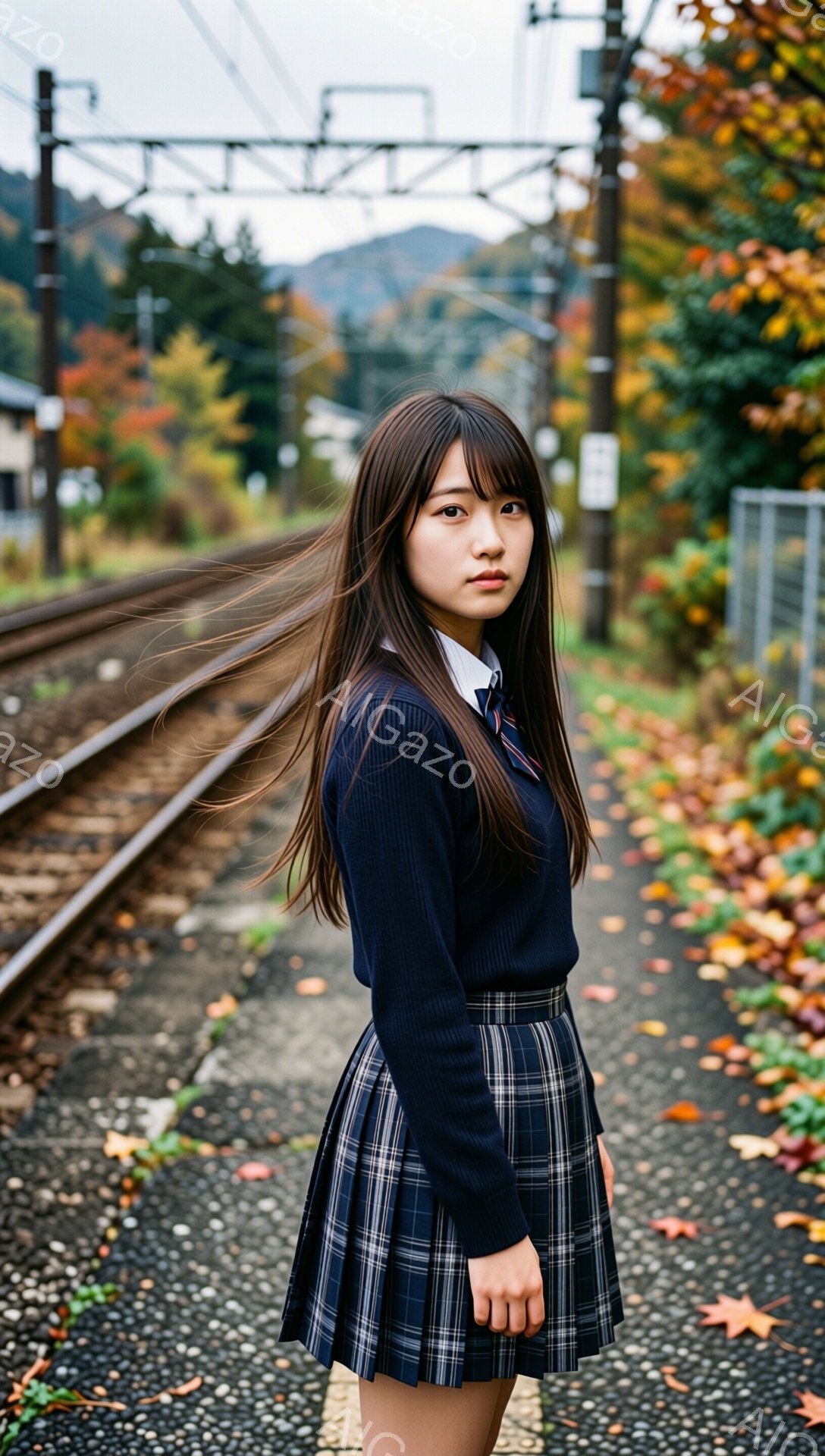 明るい髪の少女は、紺色のセーターとチェック柄のプリーツスカートの制服を着て、少し憂いを帯びた表情でこちらを見ている。彼女は線路脇の遊歩道に立ち、長い髪が風になびいている。背景には、秋の紅葉に染まった山々と線路、そして曇り空が広がっており、どこか寂しげな雰囲気を醸し出している。