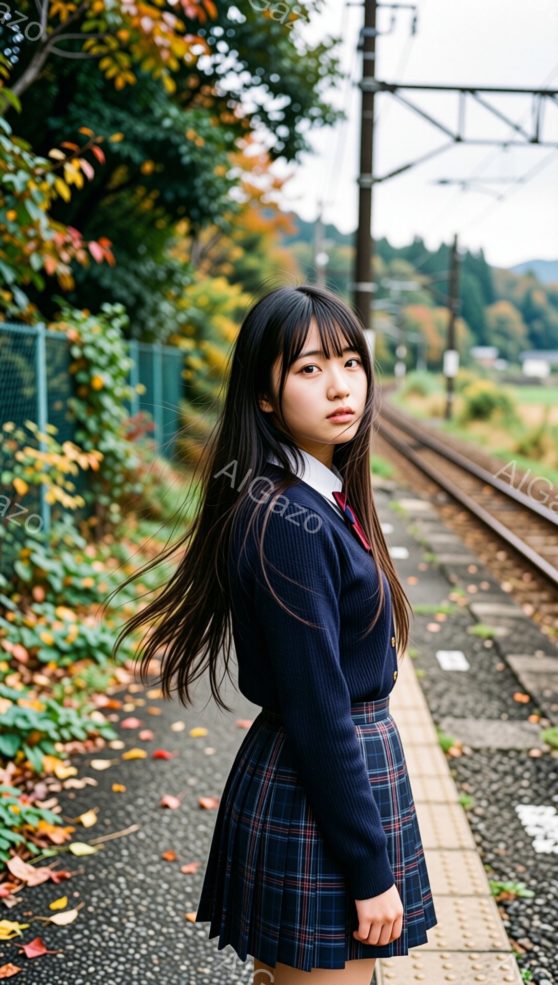 長い黒髪の少女が紺色のセーラー服とチェック柄のスカートを着て、線路の横のプラットフォームに立っている。彼女は少し振り返り、憂いを帯びた表情でカメラを見つめている。背景には秋の紅葉と線路、そして曇り空が広がっており、どこか寂しげでノスタルジックな雰囲気が漂っている。