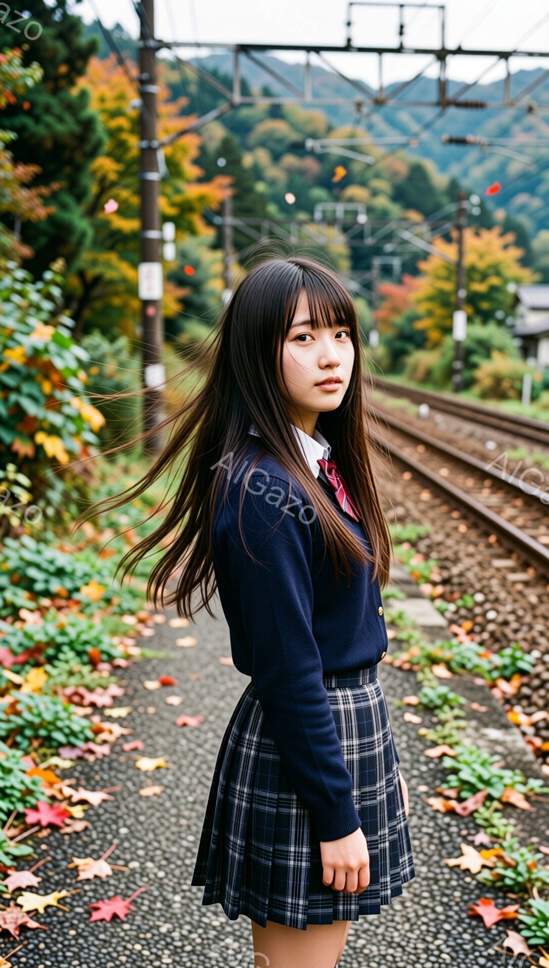 長い黒髪の女性が、紺色のカーディガンとチェック柄のプリーツスカートの制服を着ています。彼女は少し振り返り、カメラに向かって微笑んでおり、表情は穏やかで少し憂いを含んでいます。背景には線路と紅葉した木々 - AI生成フリー素材