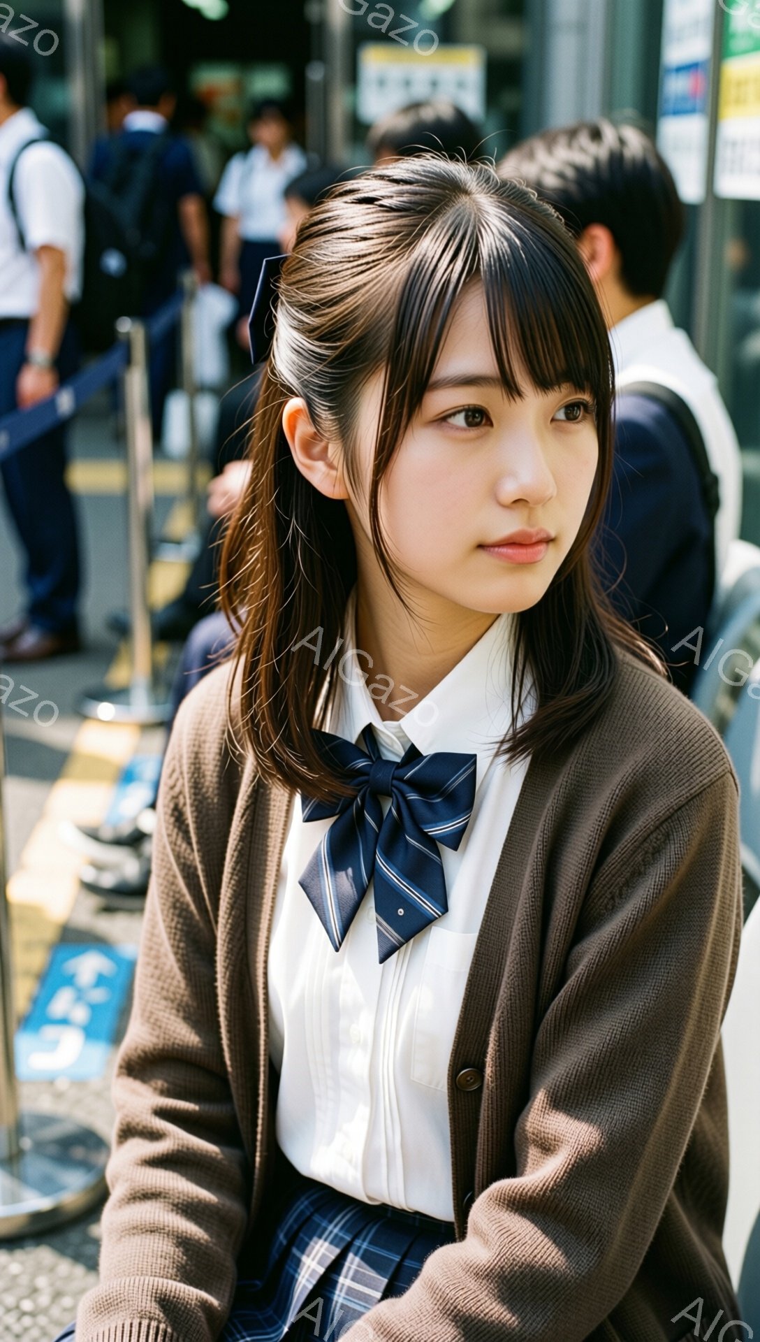 茶髪のロングヘアを肩で分けている女子高生が写っています。ベージュのカーディガン、白いシャツにネイビーとグレーのチェック柄リボン、そしてチェック柄のスカートを着ています。彼女は少し上目線で、穏やかで物憂げな表情をしています。