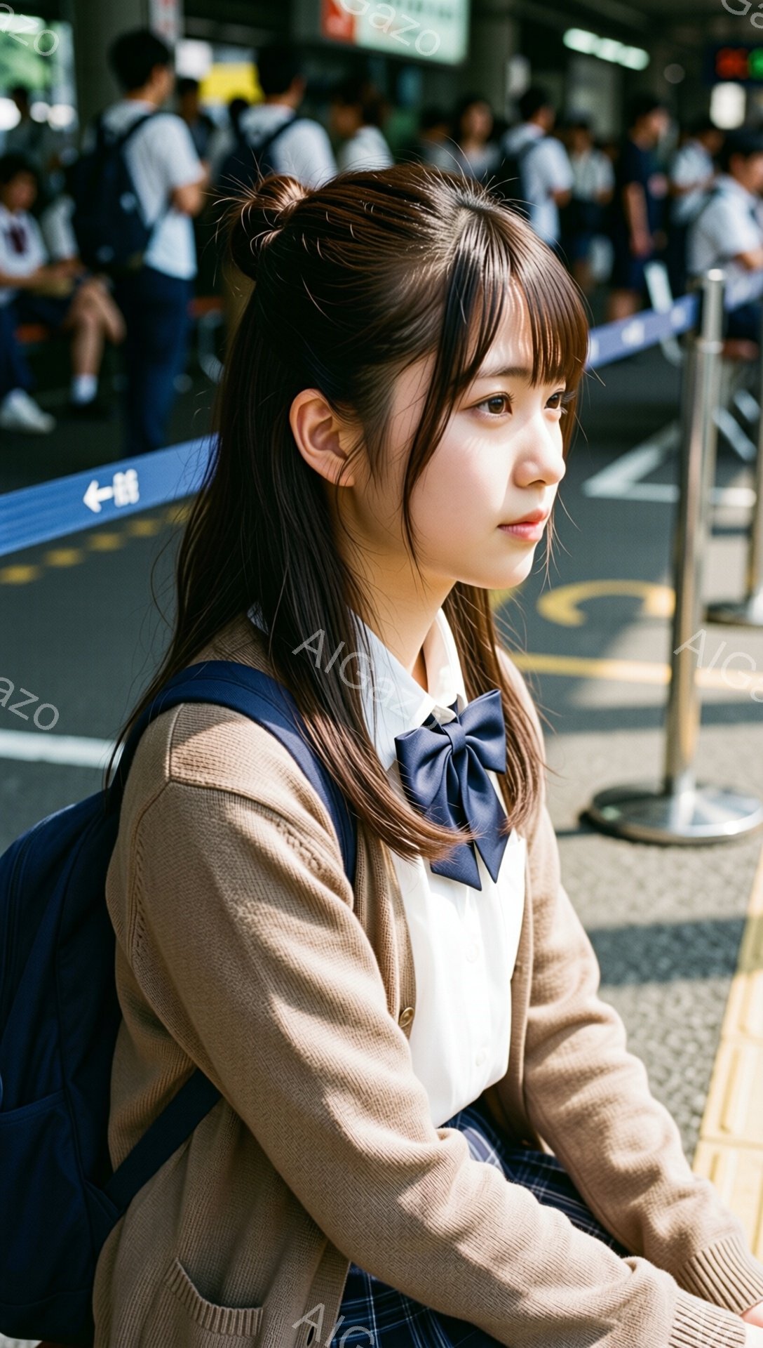 画像には、茶色のカーディガンを着て、チェック柄のスカートを履いた女子高生が写っています。彼女は黒髪で、前髪を少し短くカットし、右を向いて少し憂いを帯びた表情をしています。背景には人々が歩き、横断歩道と - AI生成フリー素材