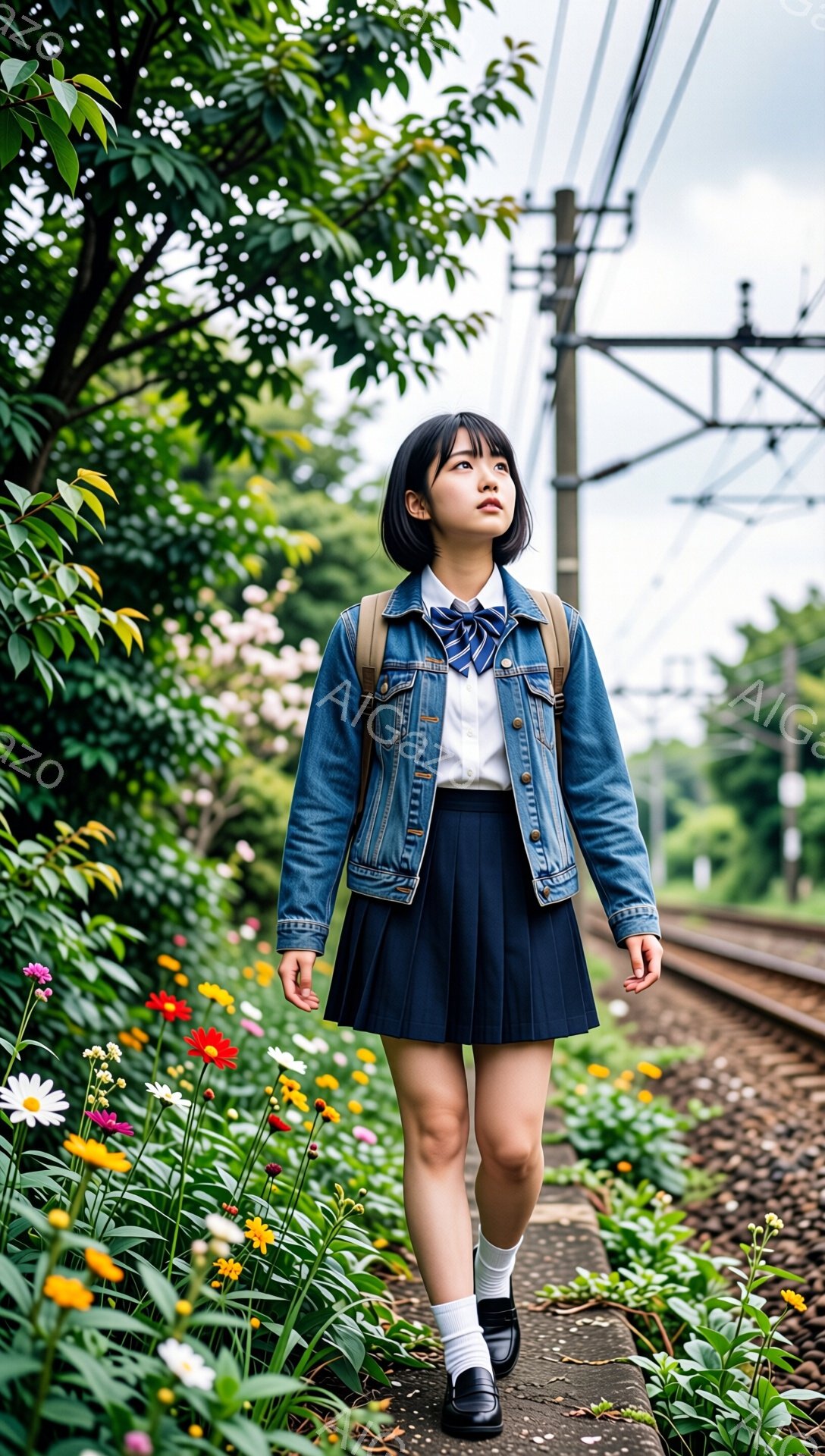 画像には、紺色の制服を着た若い女性が写っています。彼女はデニムジャケットを羽織り、白いソックスと革靴を履き、肩にリュックサックをかけています。背景には線路と花壇があり、緑豊かな自然に囲まれて、どこか懐 - AI生成フリー素材