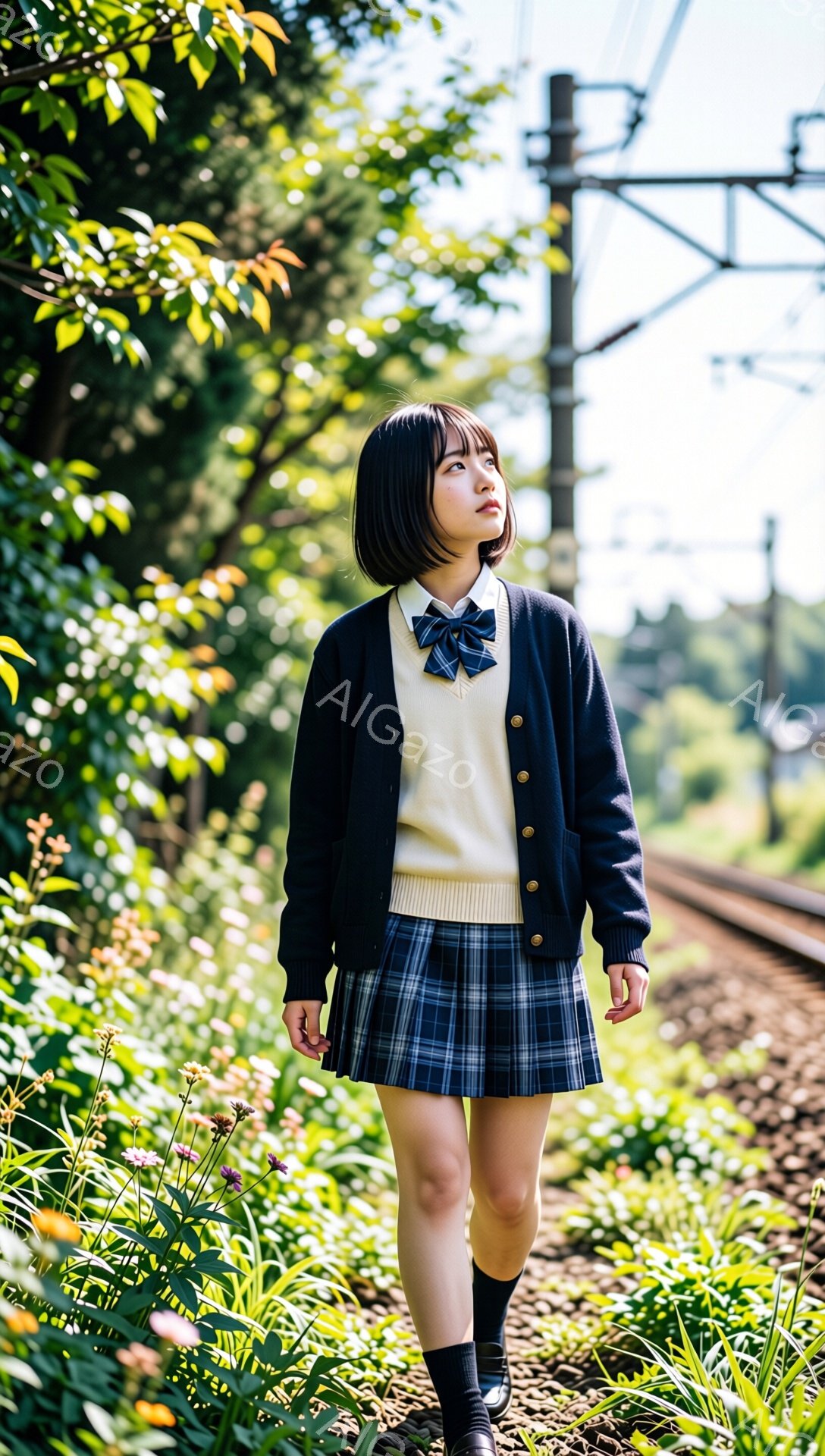 紺色のカーディガンと白いシャツ、チェック柄のプリーツスカートを着た少女が、線路沿いの道を進んでいます。黒い髪は肩のあたりで切り揃えられ、少し上を見つめる表情はどこか物憂げです。背景には緑豊かな草花と線路、そして電柱が写り、穏やかで少し寂しげな雰囲気が漂っています。