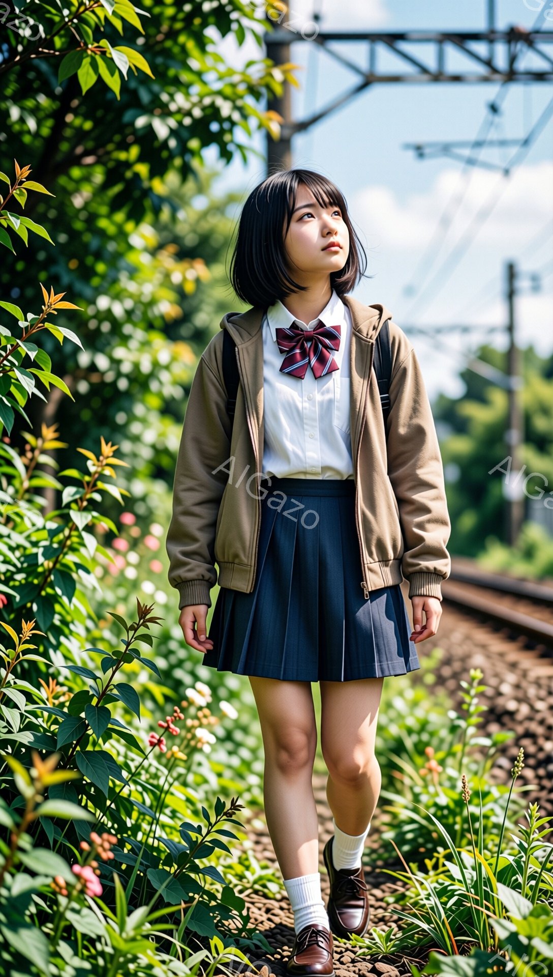 茶髪のショートヘアで、白いシャツにリボン、紺色のプリーツスカート、茶色のジャケットを着た若い女性が写っている。彼女は線路脇の草むらを歩いており、少し上目線で何かを見つめているような表情をしている。背景には線路と緑豊かな草木があり、晴れた空の下、どこか懐かしい雰囲気を感じさせる。