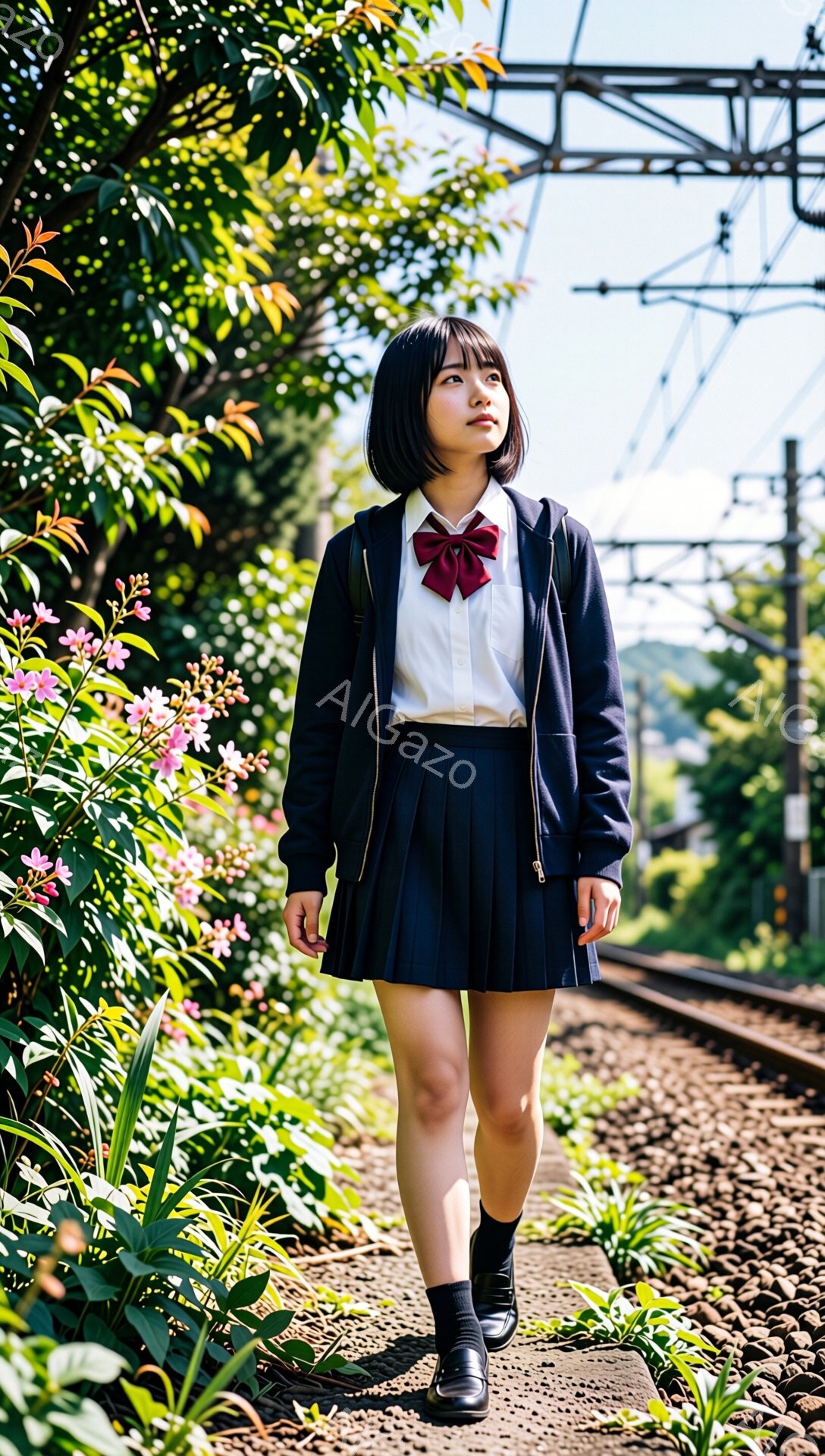 制服姿の少女が線路沿いの道を進んでいる。黒髪のショートボブに赤いリボン、白いシャツに紺色のカーディガンとプリーツスカート、黒い靴を履いている。背景には緑豊かな植物と線路、そして青空が広がり、どこか懐か - AI生成フリー素材