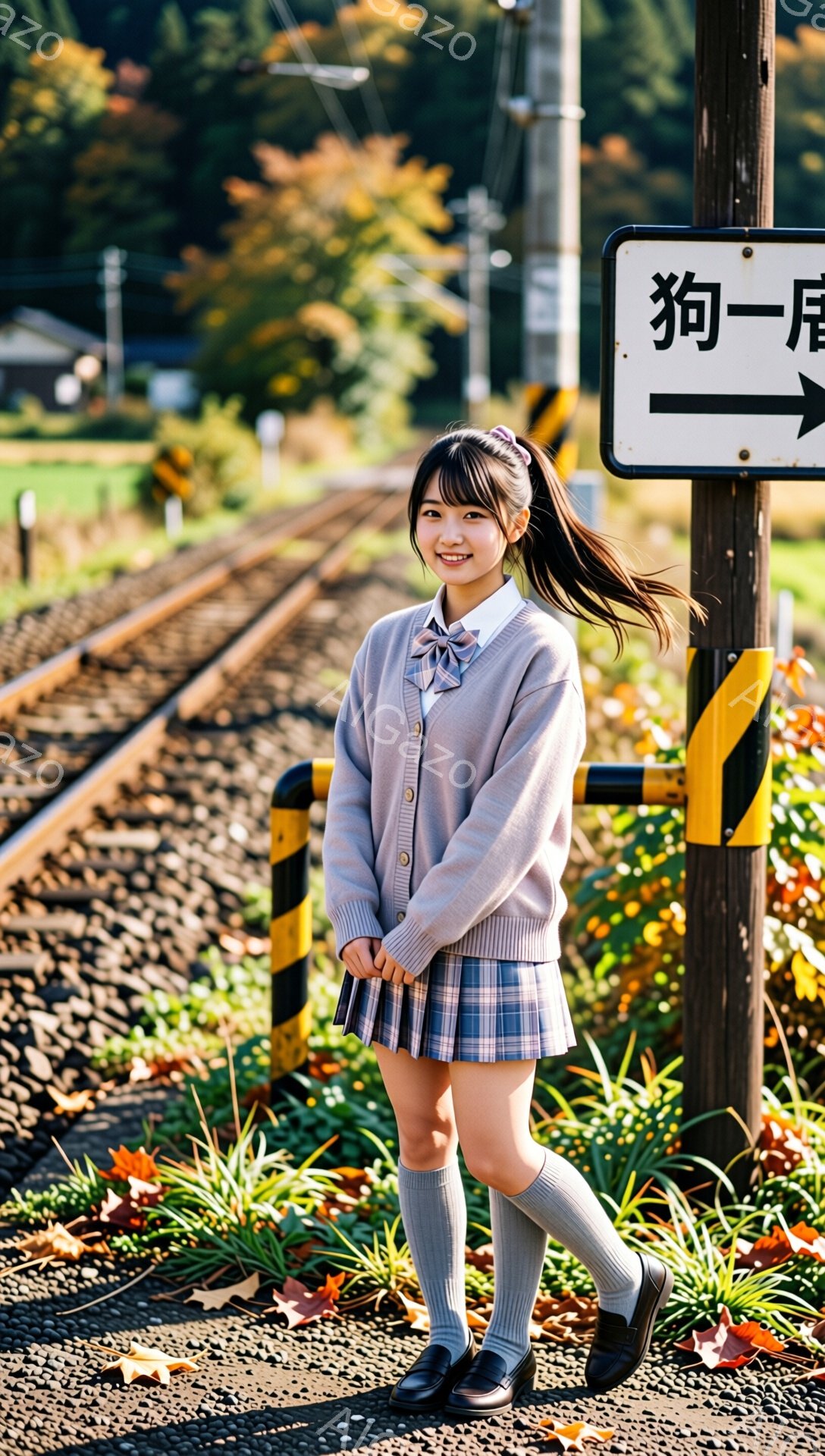 明るい笑顔を見せる女子高生が、鉄道の線路脇に立っている。彼女は、グレーのカーディガン、チェックのプリーツスカート、グレーのニーハイソックス、黒いローファーを身に着けており、ポニーテールにしている。背景には線路と雑草が生い茂る風景が広がり、秋の枯葉が散らばっている。