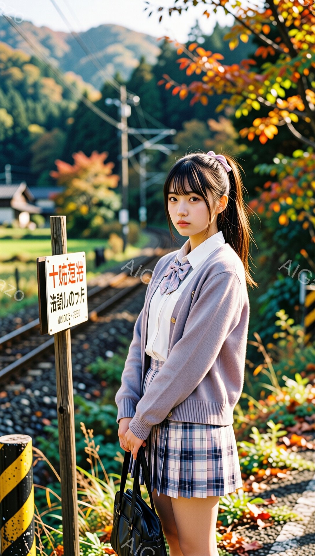 明るい紫色のセーターにチェック柄のスカート、白いブラウスを合わせた女子高生が立っている。彼女は髪を高くポニーテールにし、少し憂いを帯びた表情で、肩に黒いバッグをかけている。背景には、紅葉した木々と、線 - AI生成フリー素材