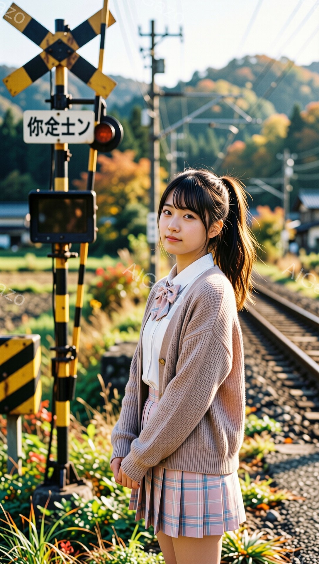 明るい日差しの下、若い女性が鉄道の線路脇に立っています。ベージュのカーディガンにチェック柄のスカート、白いブラウスという制服のような服装で、長い髪はポニーテールに結ばれています。彼女は少し微笑み、落ち - AI生成フリー素材