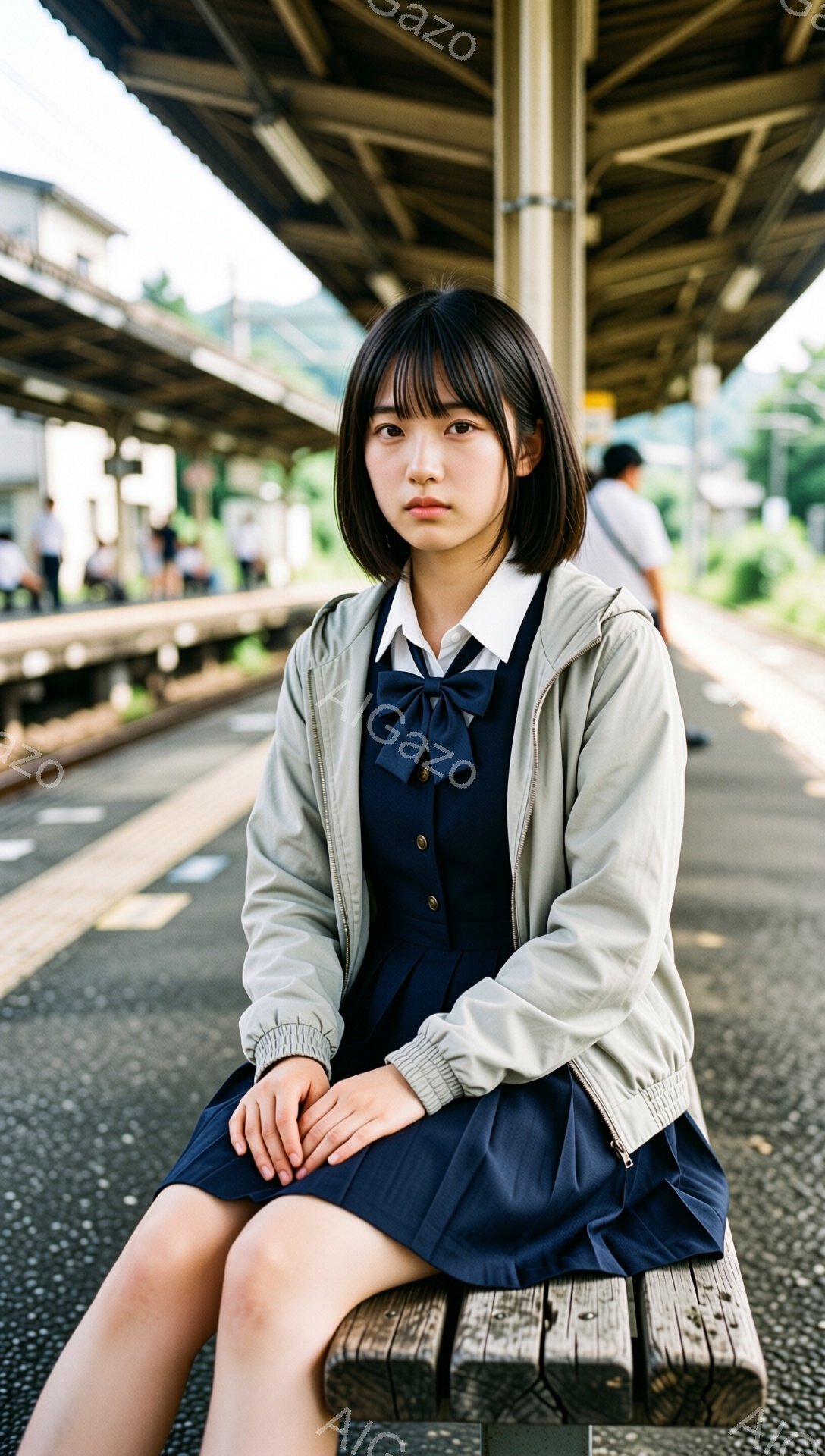 画像は、制服を着た若い女性が、駅のベンチに座っている様子を捉えています。彼女は紺色のワンピースに、リボンと白い襟のブラウス、そして薄い灰色のジャケットを羽織っており、ショートヘアで前髪は眉毛にかかる程度です。背景にはプラットフォームと線路が見え、周囲は緑豊かな自然に囲まれており、晴れた日の穏やかな雰囲気が漂っています。