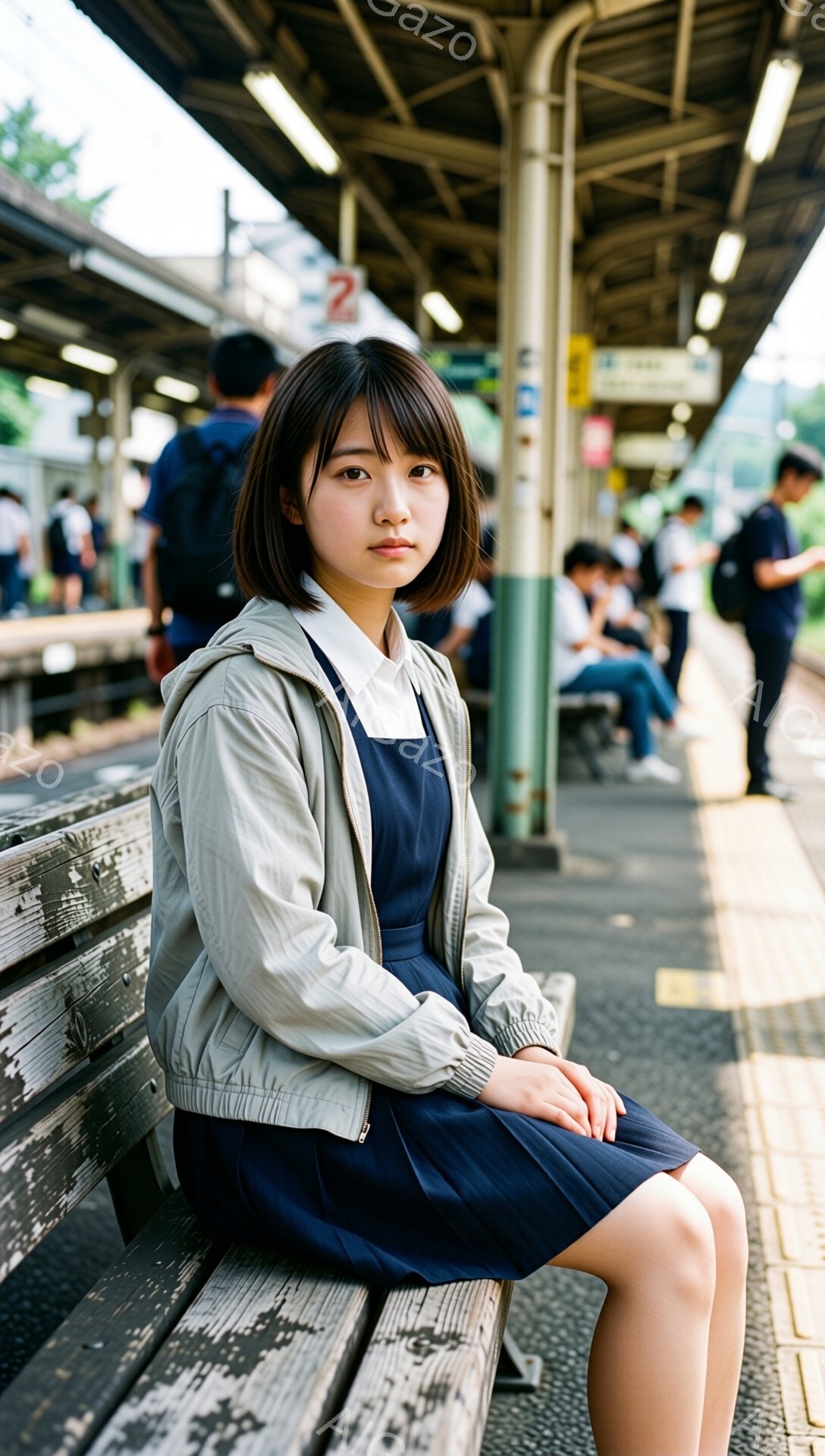 画像には、駅のベンチに座る若い女性が写っています。彼女は紺色のワンピースに薄いグレーのジャケットを着ており、前髪を揃えた短い髪型です。表情はやや控えめで、リラックスした雰囲気で、背景には他の乗客や駅の構造物がぼやけて見えます。