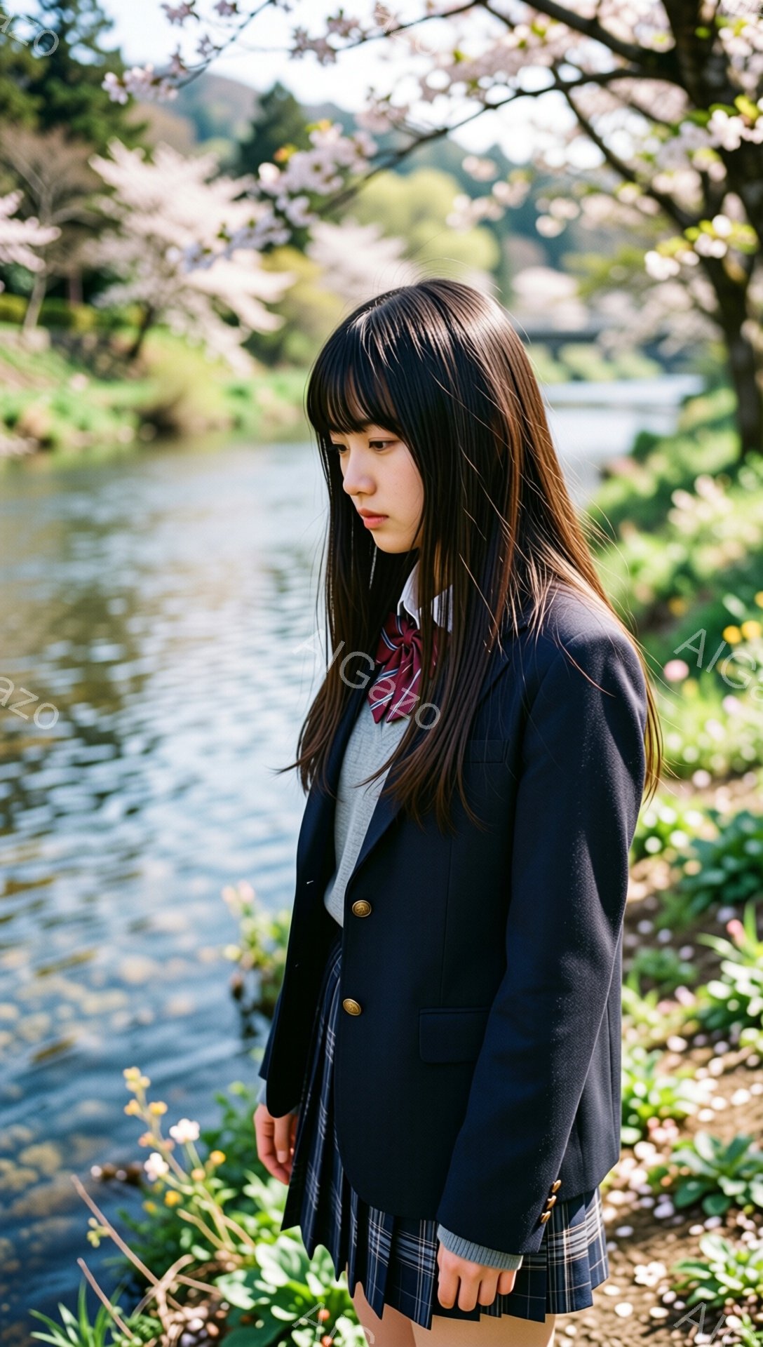 茶髪のロングヘアに前髪ぱっつんの女子高生が、紺色のブレザー、チェックのスカート、赤いネクタイを身につけて立っている。彼女は少し下を向き、物思いにふけるような表情をしている。背景には、桜並木と穏やかな水面が広がり、春の穏やかな日差しが降り注いでいる。