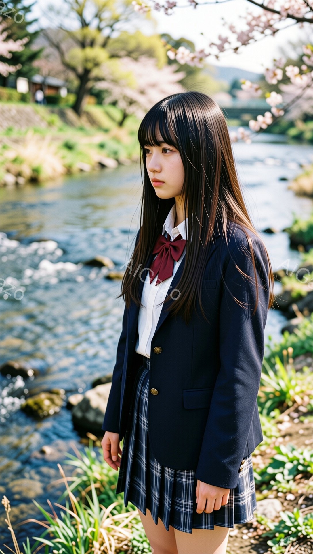 長い黒髪をセンターパートにした女子高生が、紺色のブレザーとチェック柄のスカートの制服を着ています。彼女は少し憂いを帯びた表情で、横を向き、川の流れを眺めています。背景には春の訪れを告げる桜の木々と、水 - AI生成フリー素材