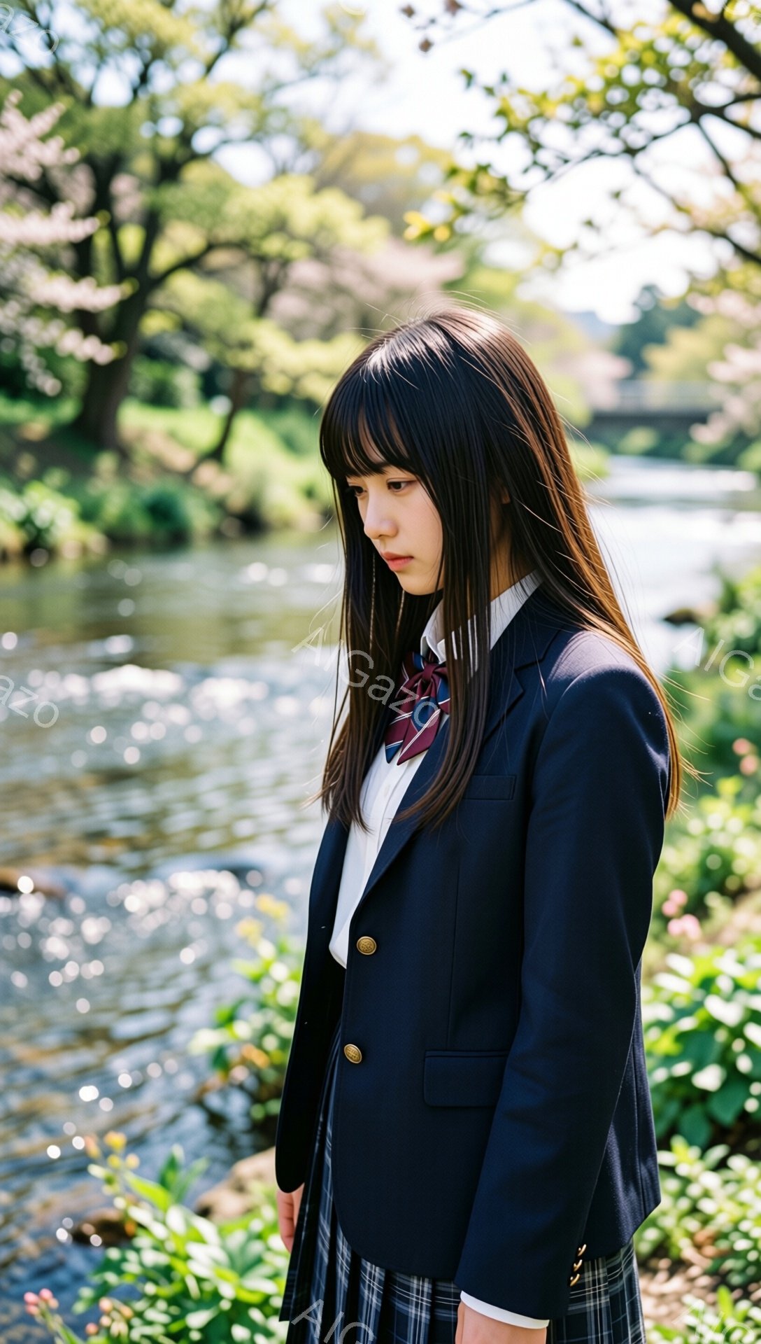 画像は、紺色のブレザーにチェック柄のスカート、白いシャツとネクタイを締めた女子学生が写っている。彼女は肩までの黒髪で、少し憂いを帯びた表情で前を見据え、ややうつむき加減の姿勢をとっている。背景には緑豊かな植物と、ぼんやりとした水面が見え、春の穏やかな日差しが差し込んでいる。