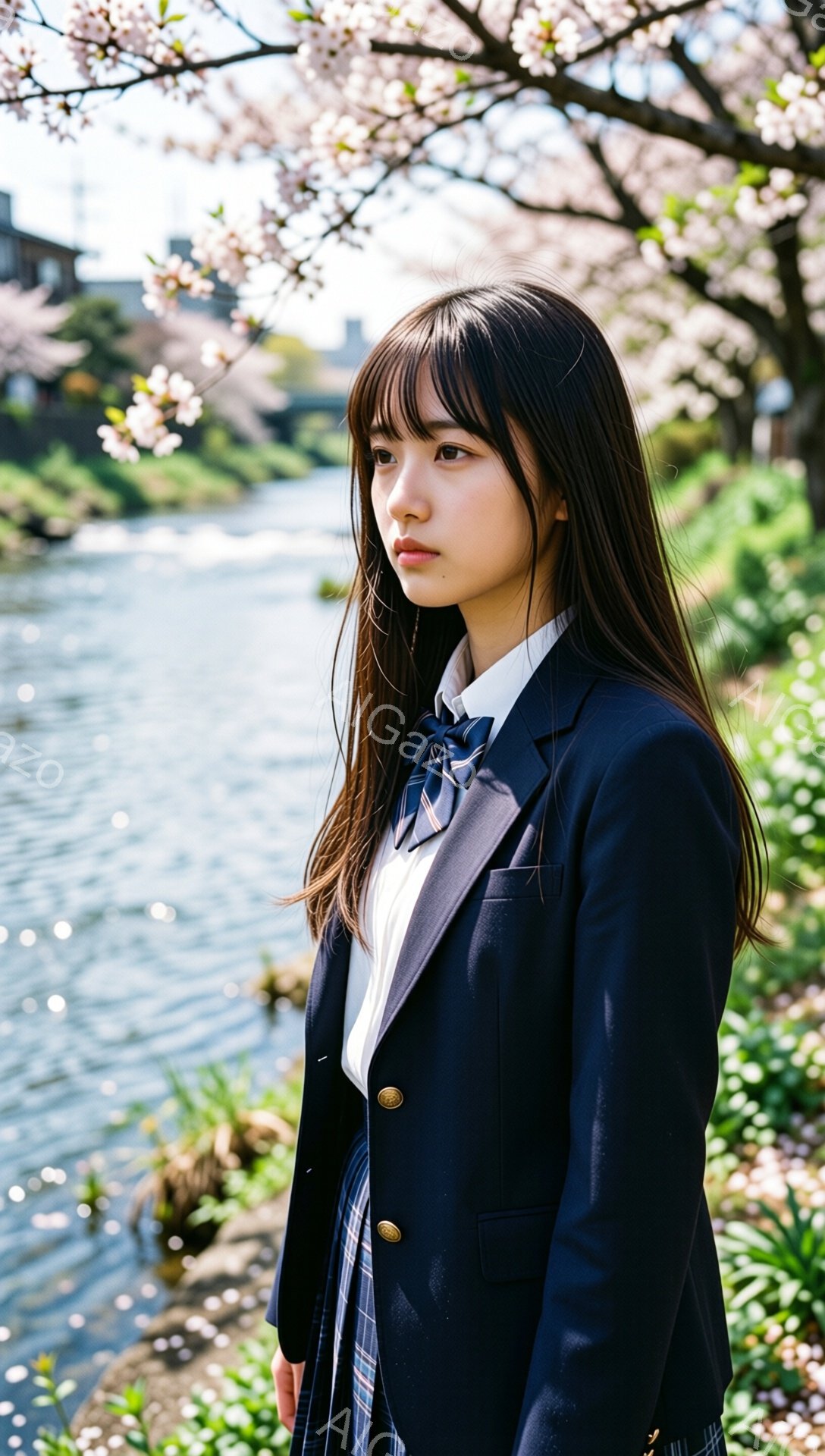制服を着た若い女性が、桜並木と川沿いの遊歩道を背景に、少し物憂げな表情で立っている。彼女は紺色のブレザー、チェック柄のスカート、白いシャツにネクタイを着用し、黒髪を肩まで伸ばしている。桜の花びらが舞い散る春の日、柔らかな光が彼女を照らし、穏やかで少し寂しげな雰囲気を醸し出している。