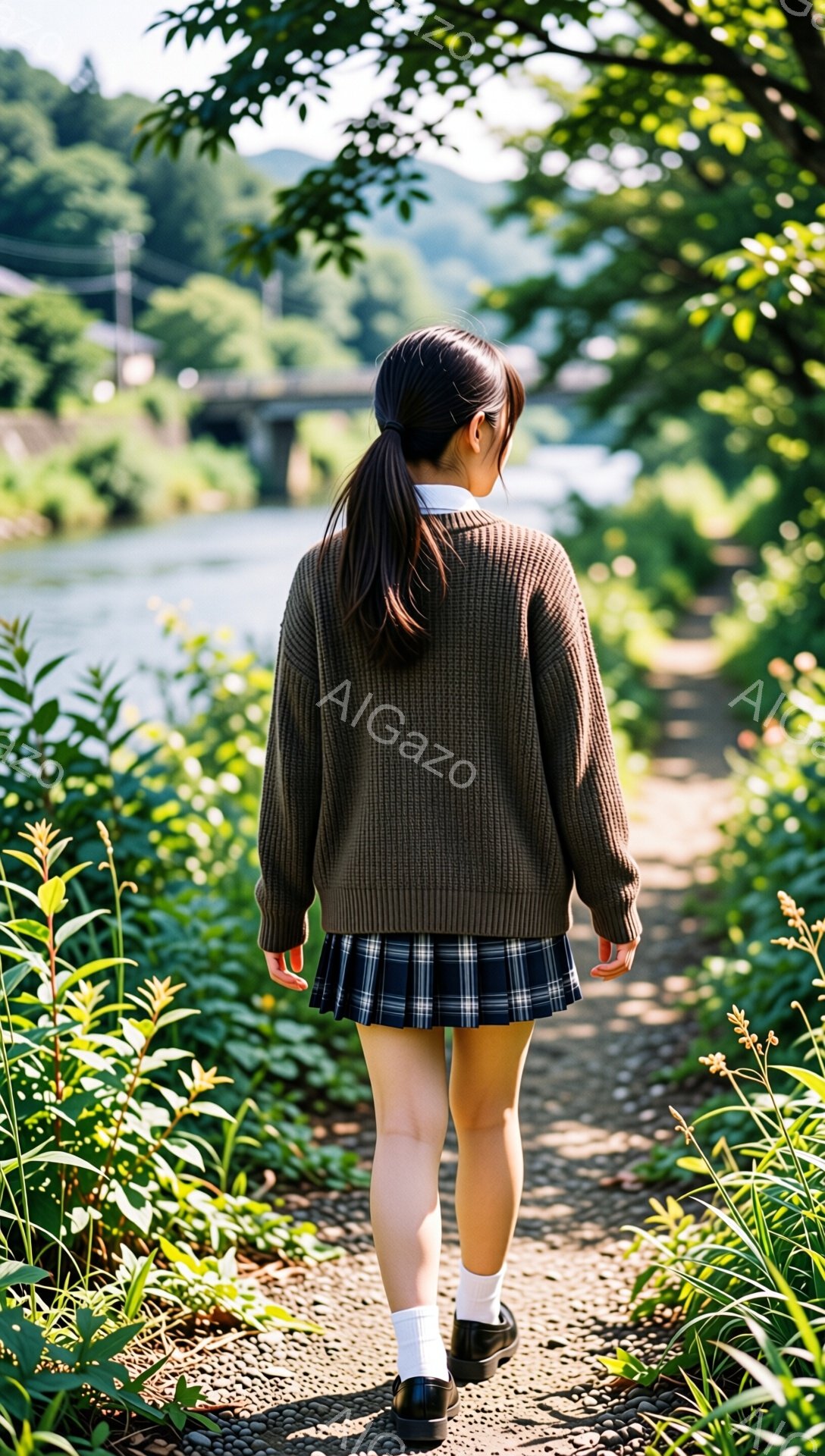 茶色のオーバーサイズニットとチェック柄のプリーツスカートを着用した女性が、緑豊かな小道を進んでいます。髪は後ろでポニーテールに結ばれており、背中姿しか見えません。背景には川と緑の木々があり、晴れた日の - AI生成フリー素材