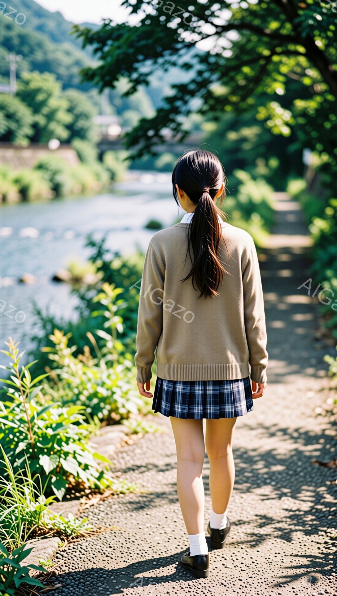 画像は、学校制服を着た女性が小道を進んでいる後ろ姿を捉えています。彼女はベージュのカーディガン、チェック柄のプリーツスカート、白い靴下、黒い革靴を履き、長い黒髪を後ろで一つに結んでいます。背景には緑豊かな植物と川が広がり、晴れた日の穏やかな雰囲気が漂っています。
